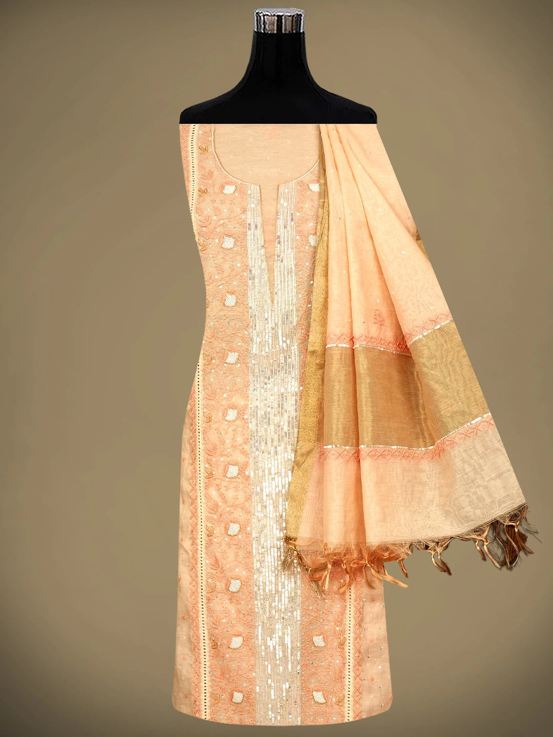 Ada Hand Embroidered Light Peach Chanderi Lucknowi Chikankari Semi Stitched Kurta Dupatta Set With Sequinned Work 01A712665