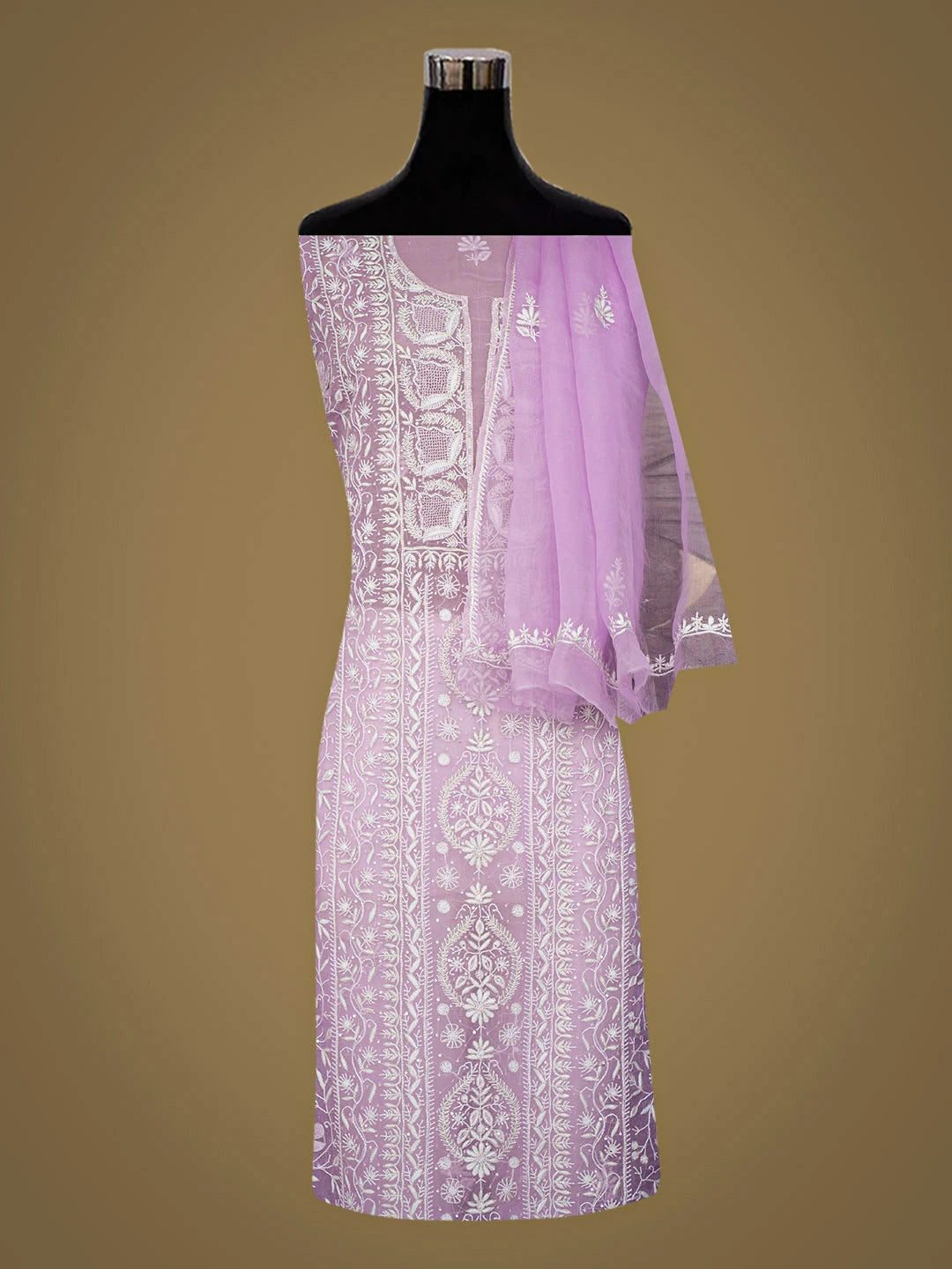 Ada Hand Embroidered Mauve Organza Lucknowi Chikankari Unstitched Kurta Dupatta Set With Cutdana Work 01A936292