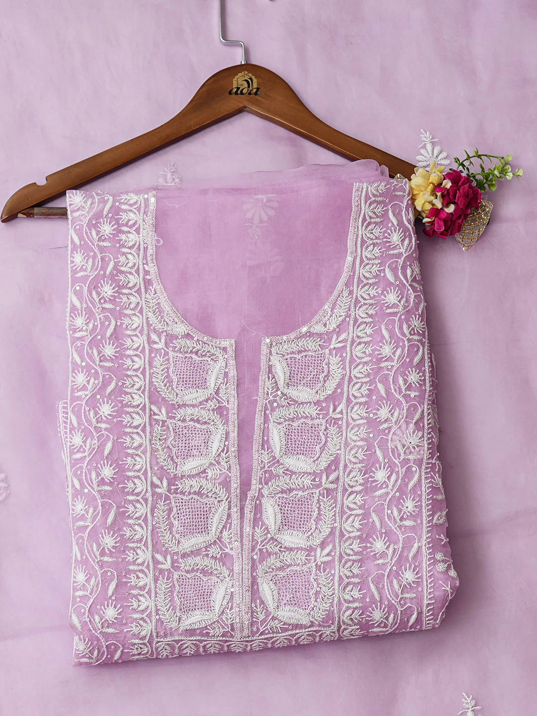 Ada Hand Embroidered Mauve Organza Lucknowi Chikankari Unstitched Kurta Dupatta Set With Cutdana Work 01A936292