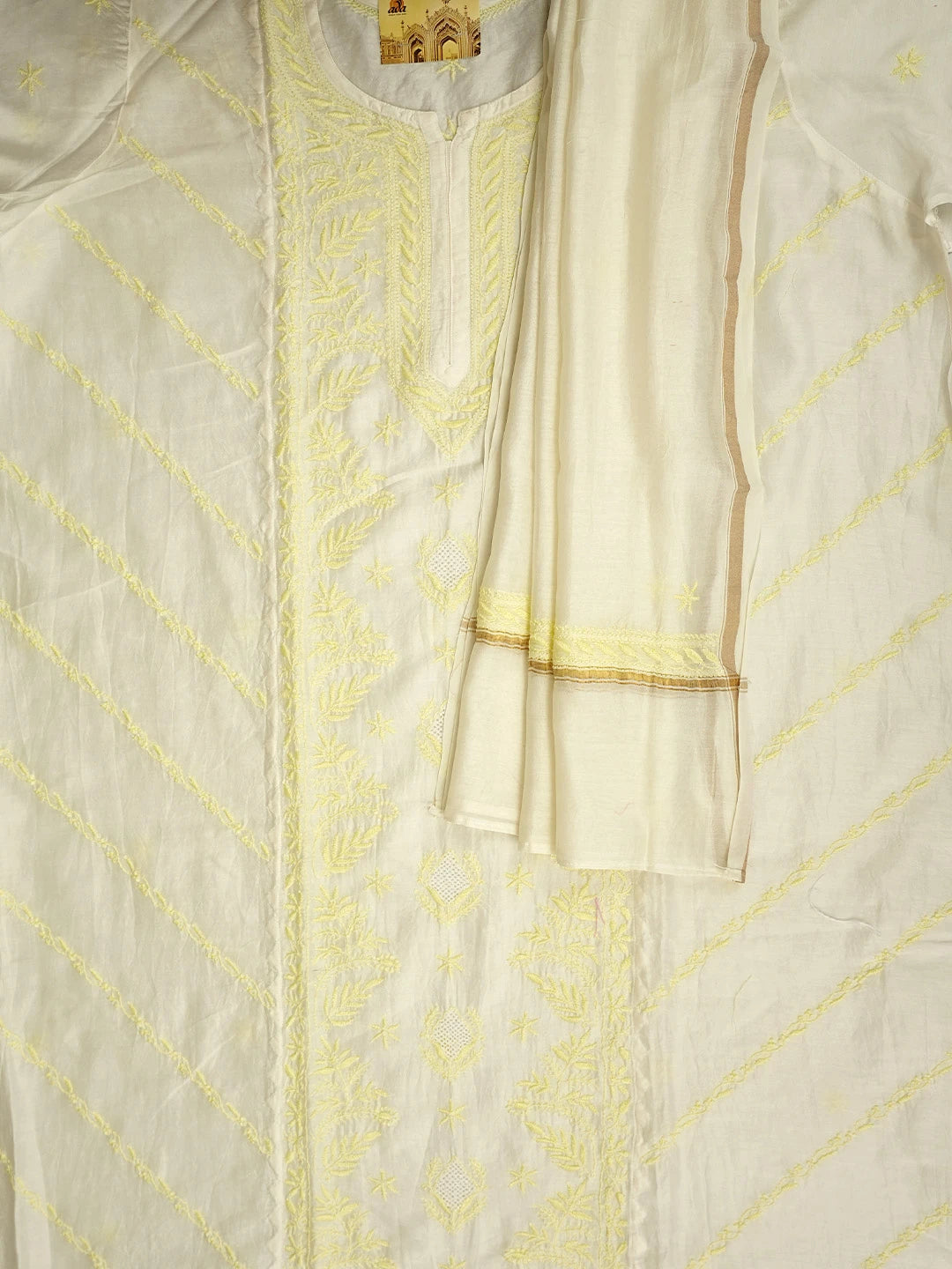 Ada Hand Embroidered White Chanderi Lucknowi Chikankari Semi-Stitched Kurta Dupatta Set 01A896739