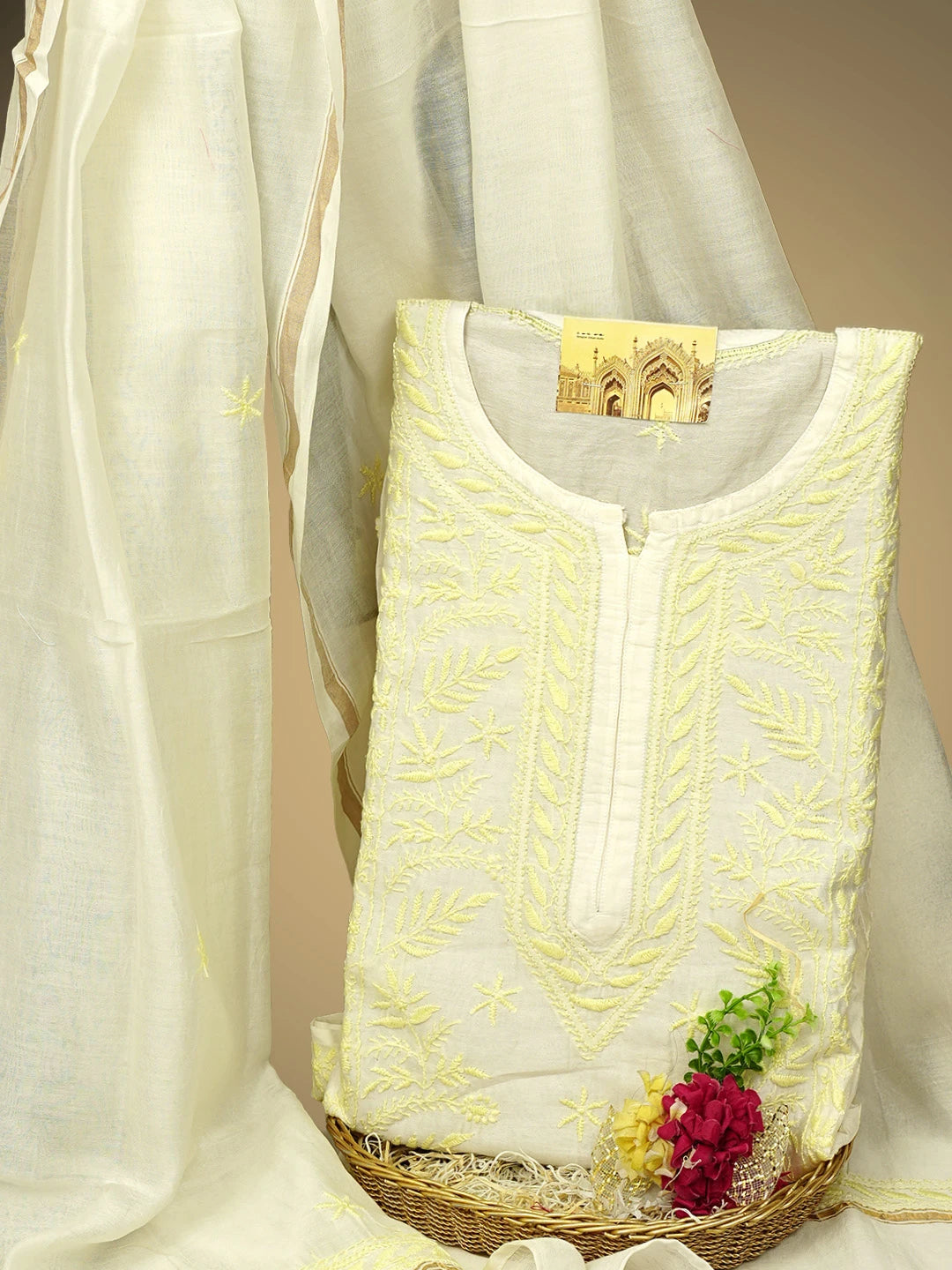 Ada Hand Embroidered White Chanderi Lucknowi Chikankari Semi-Stitched Kurta Dupatta Set 01A896739
