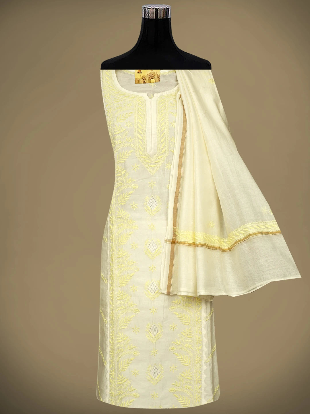 Ada Hand Embroidered White Chanderi Lucknowi Chikankari Semi-Stitched Kurta Dupatta Set 01A896739