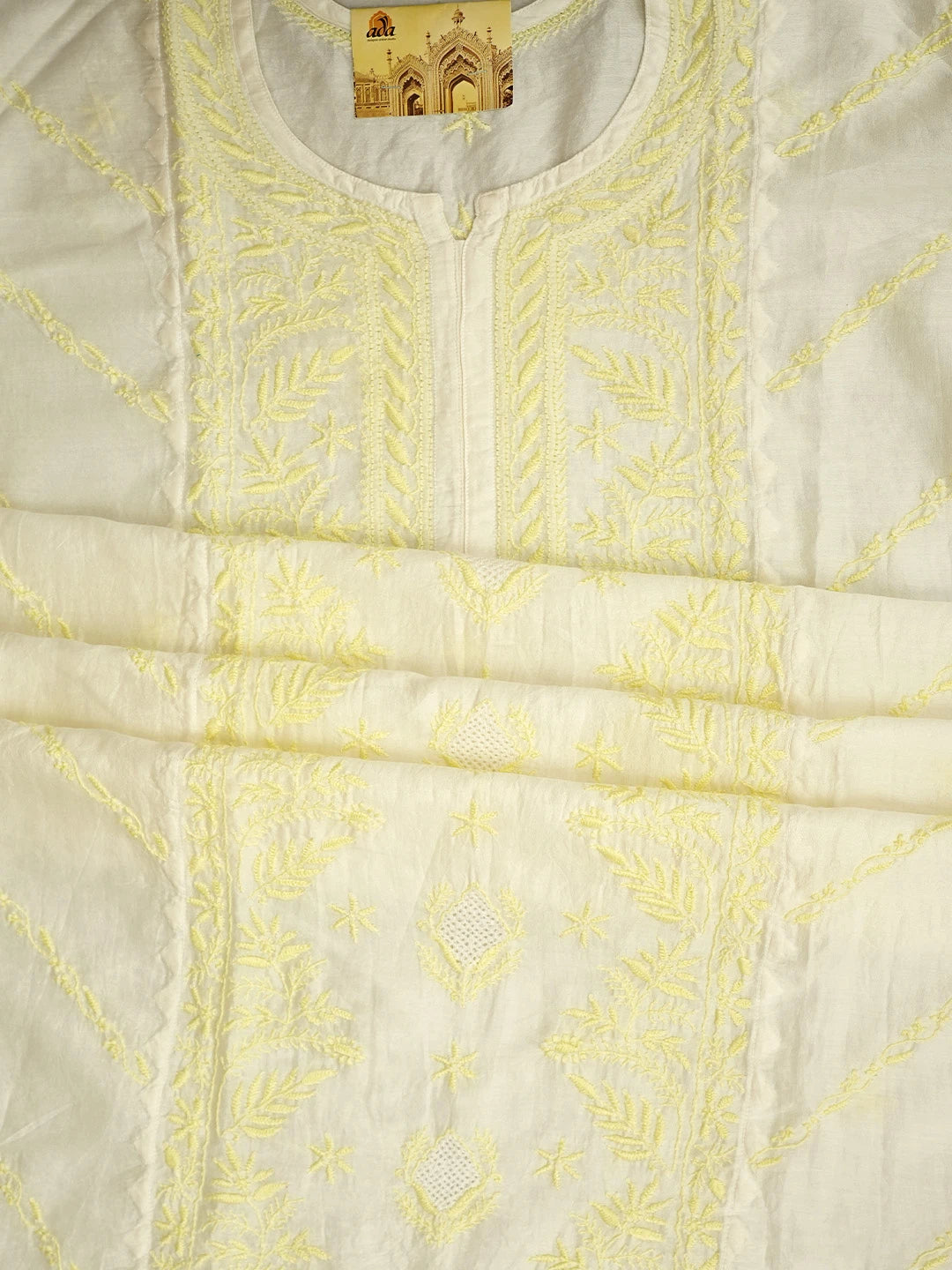 Ada Hand Embroidered White Chanderi Lucknowi Chikankari Semi-Stitched Kurta Dupatta Set 01A896739