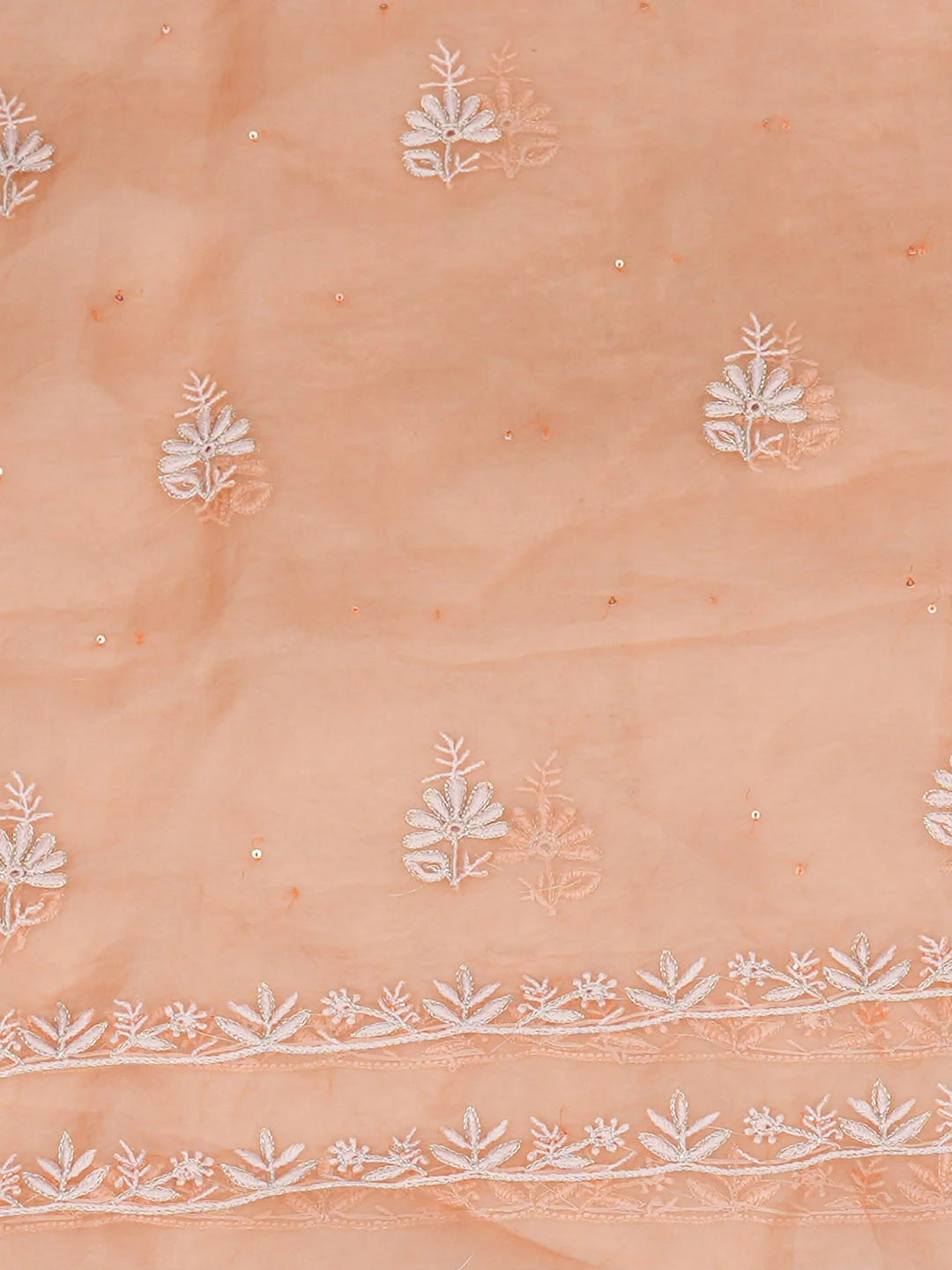 Ada Hand Embroidered Peach Organza Lucknowi Chikankari Unstitched Kurta Dupatta Set With Sequinned Work 01A936289
