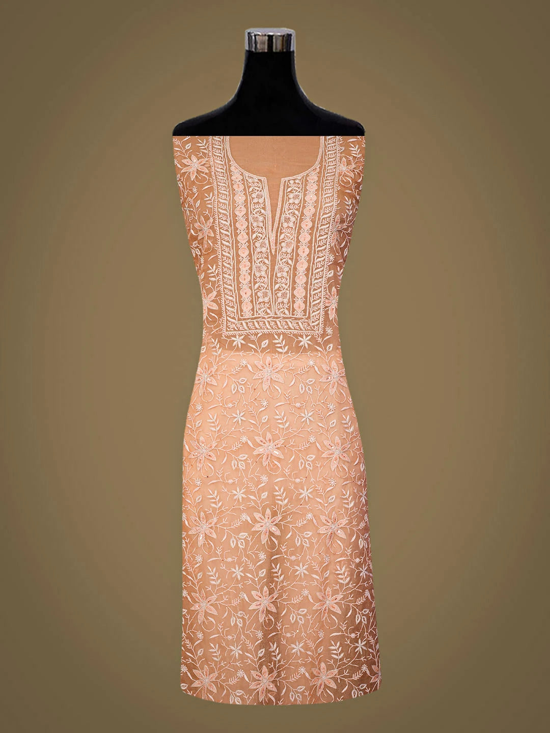 Ada Hand Embroidered Peach Organza Lucknowi Chikankari Unstitched Kurta Dupatta Set With Sequinned Work 01A936289