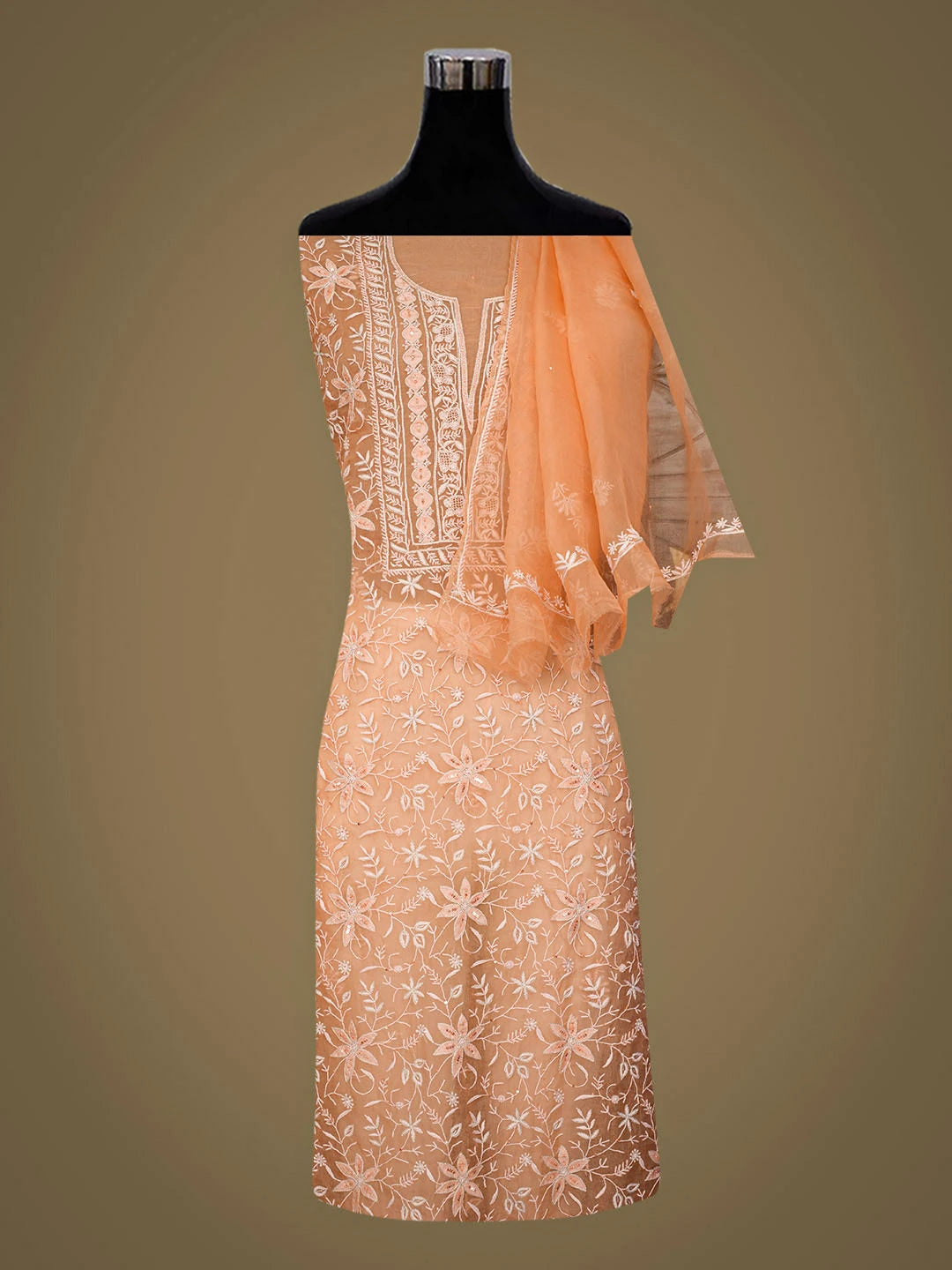 Ada Hand Embroidered Peach Organza Lucknowi Chikankari Unstitched Kurta Dupatta Set With Sequinned Work 01A936289