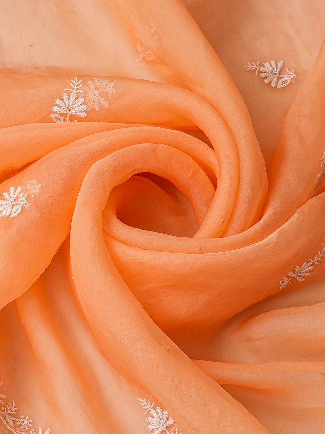 Ada Hand Embroidered Peach Organza Lucknowi Chikankari Unstitched Kurta Dupatta Set With Sequinned Work 01A936289