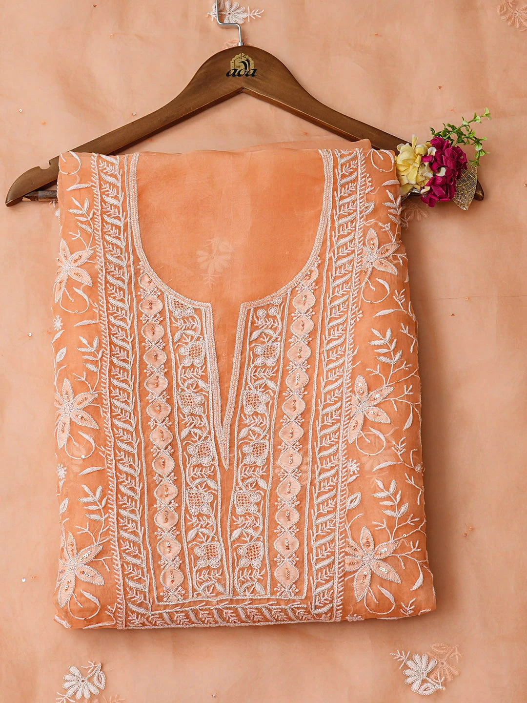 Ada Hand Embroidered Peach Organza Lucknowi Chikankari Unstitched Kurta Dupatta Set With Sequinned Work 01A936289