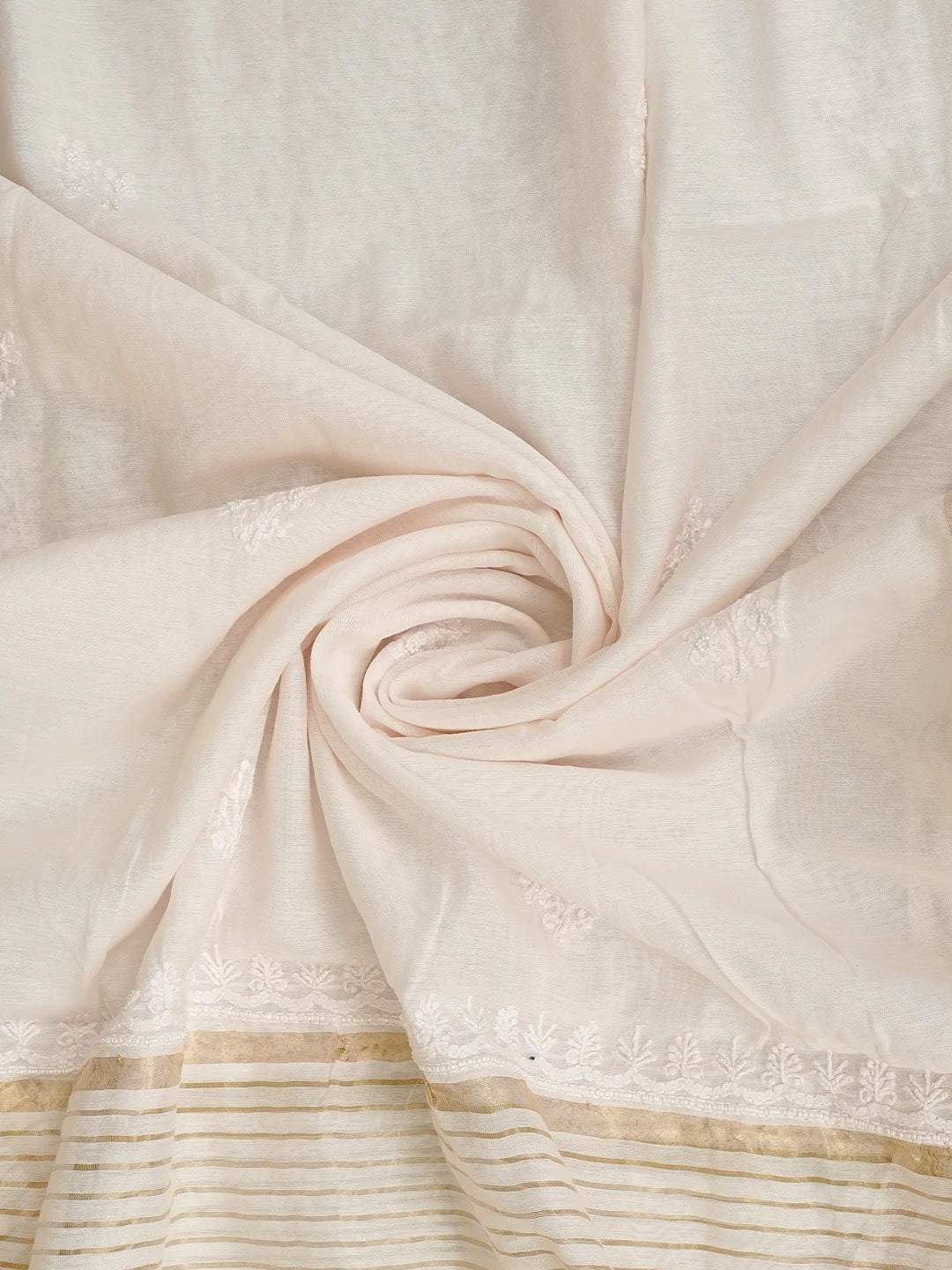Ada Hand Embroidered SeaShell White Chanderi Lucknowi Chikankari Unstitched Kurta Dupatta Set With Zari Work 01A521685