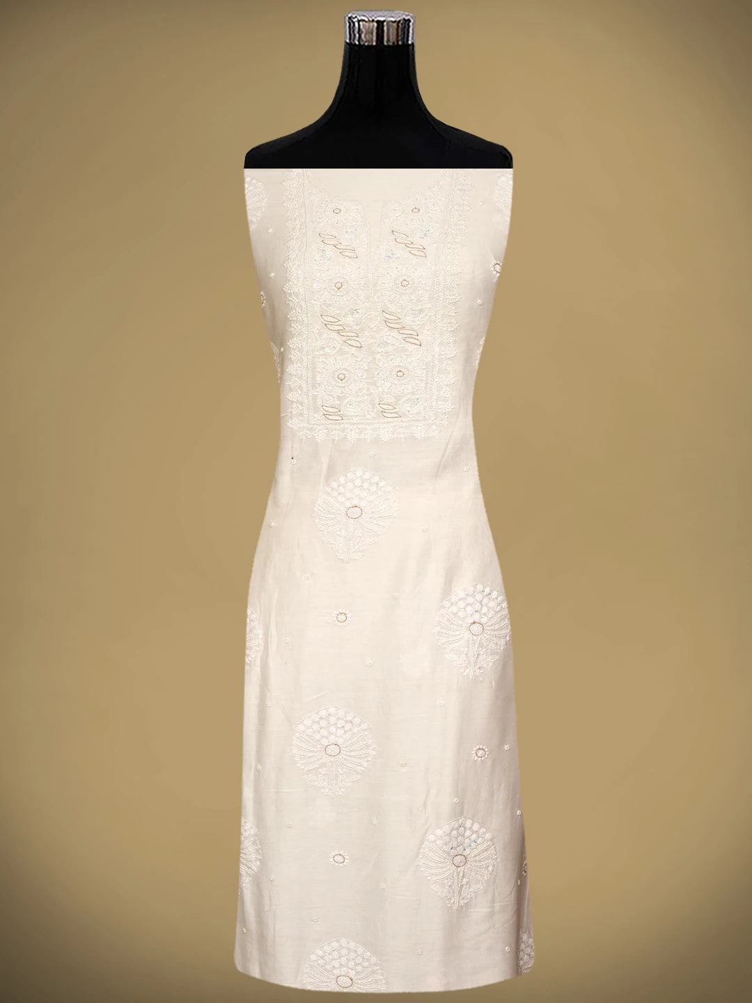 Ada Hand Embroidered SeaShell White Chanderi Lucknowi Chikankari Unstitched Kurta Dupatta Set With Zari Work 01A521685