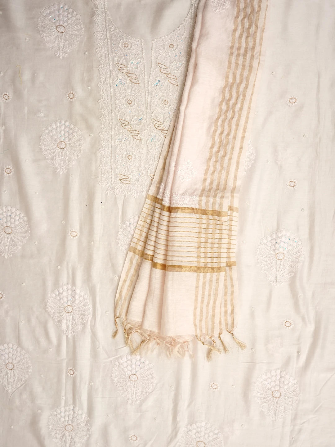 Ada Hand Embroidered SeaShell White Chanderi Lucknowi Chikankari Unstitched Kurta Dupatta Set With Zari Work 01A521685