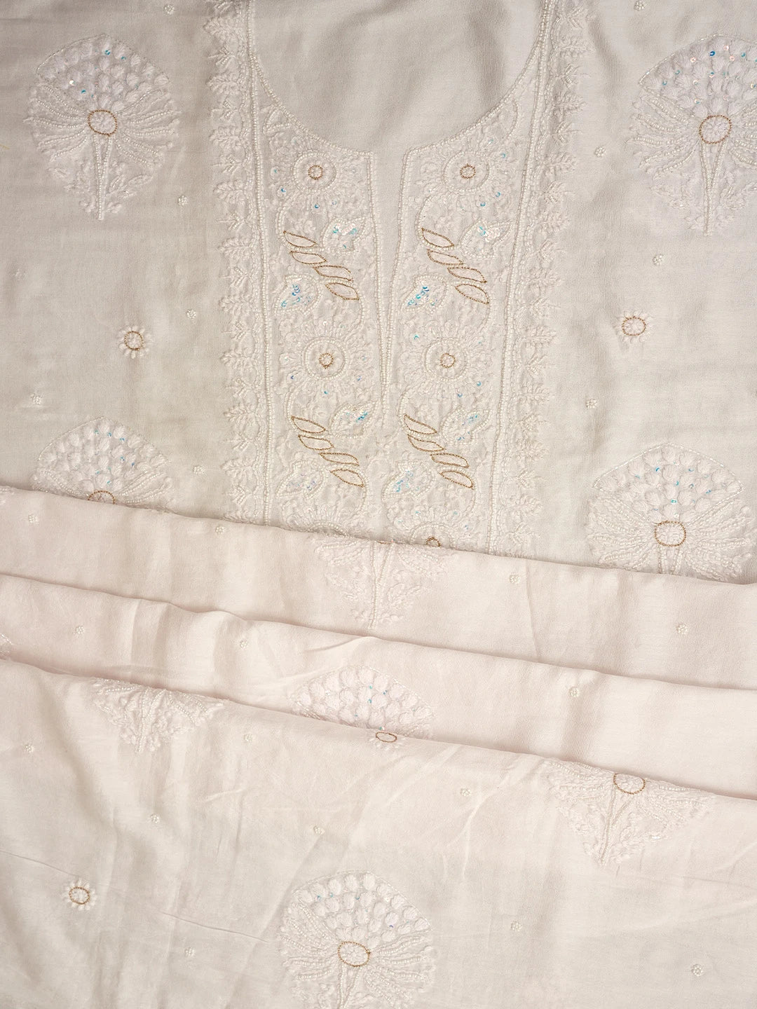 Ada Hand Embroidered SeaShell White Chanderi Lucknowi Chikankari Unstitched Kurta Dupatta Set With Zari Work 01A521685