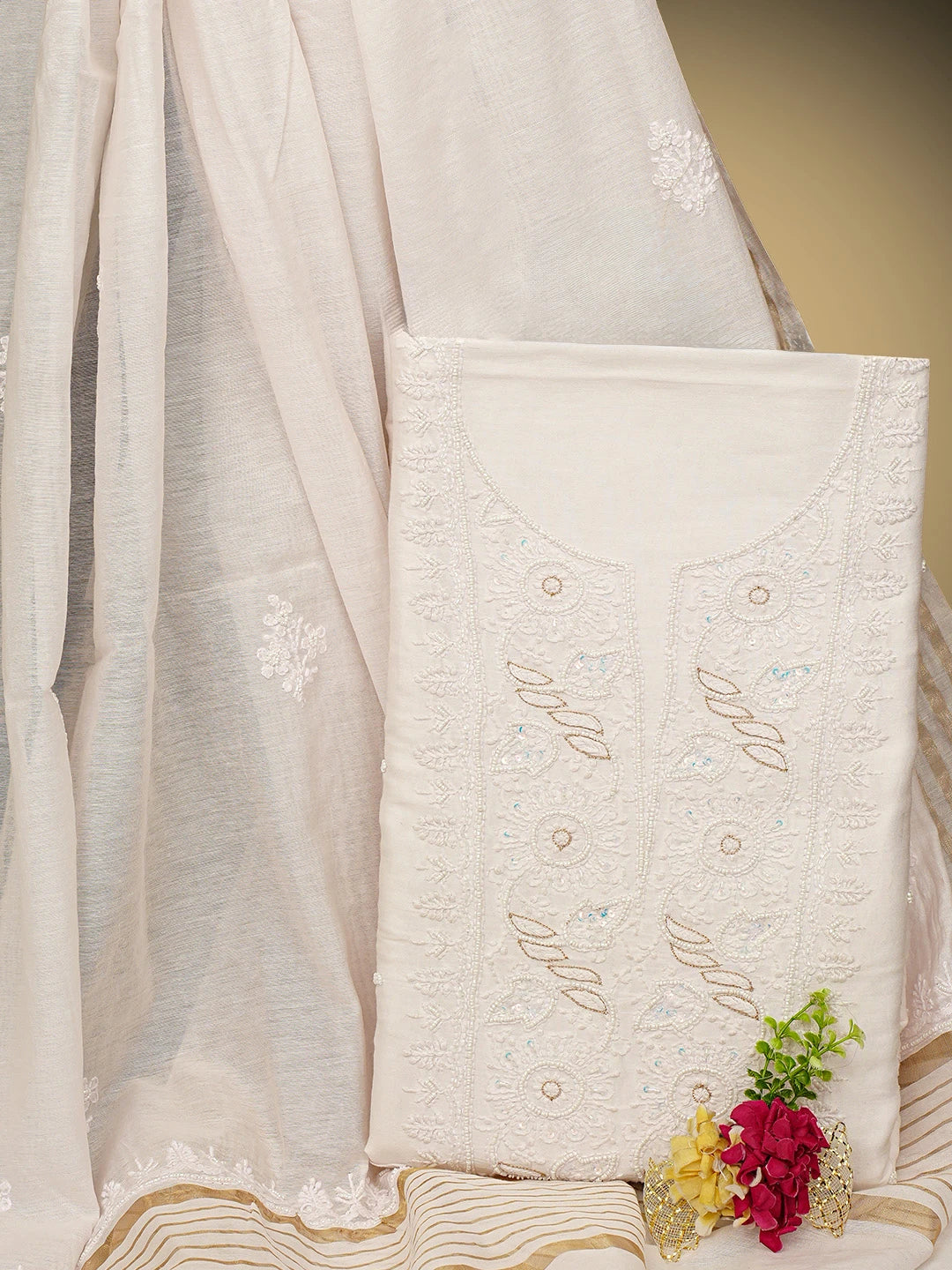 Ada Hand Embroidered SeaShell White Chanderi Lucknowi Chikankari Unstitched Kurta Dupatta Set With Zari Work 01A521685