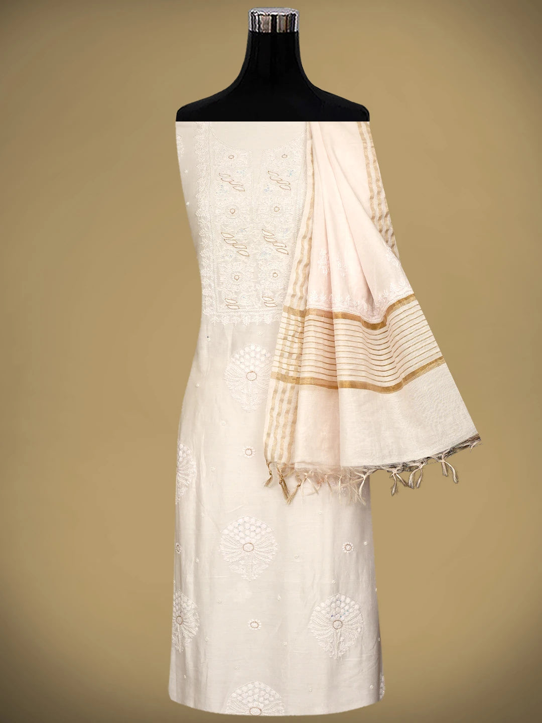 Ada Hand Embroidered SeaShell White Chanderi Lucknowi Chikankari Unstitched Kurta Dupatta Set With Zari Work 01A521685