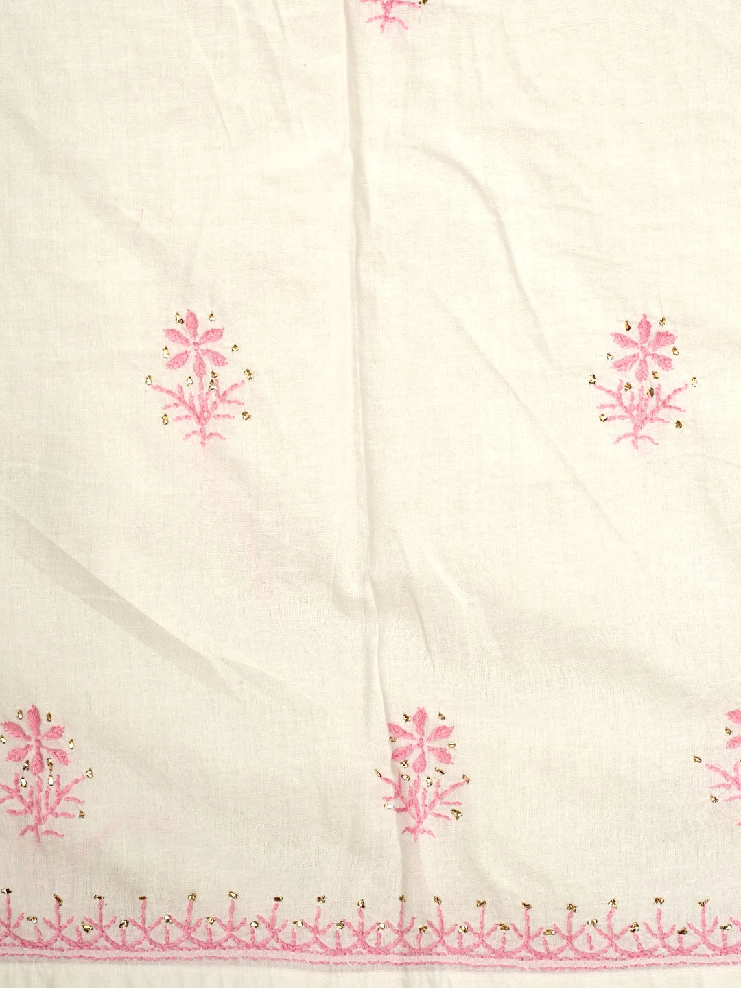 Ada Hand Embroidered White Cotton Lucknowi Chikankari Semi-Stitched A-line Kurta Dupatta Set With Muqaish Work 01A784529