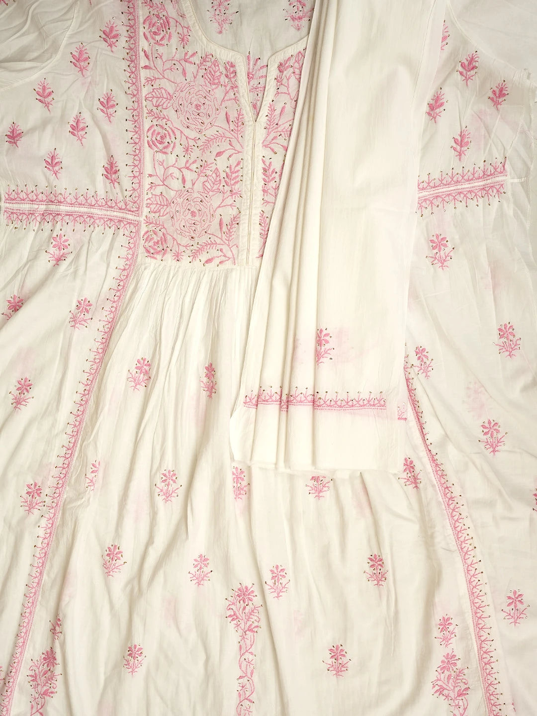 Ada Hand Embroidered White Cotton Lucknowi Chikankari Semi-Stitched A-line Kurta Dupatta Set With Muqaish Work 01A784529