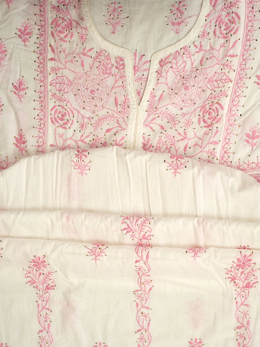 Ada Hand Embroidered White Cotton Lucknowi Chikankari Semi-Stitched A-line Kurta Dupatta Set With Muqaish Work 01A784529