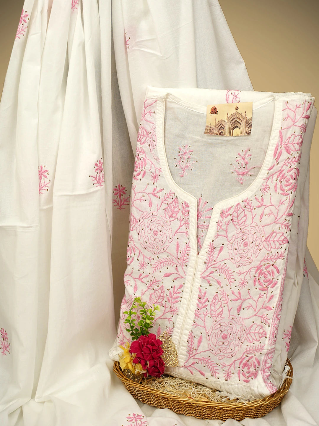 Ada Hand Embroidered White Cotton Lucknowi Chikankari Semi-Stitched A-line Kurta Dupatta Set With Muqaish Work 01A784529
