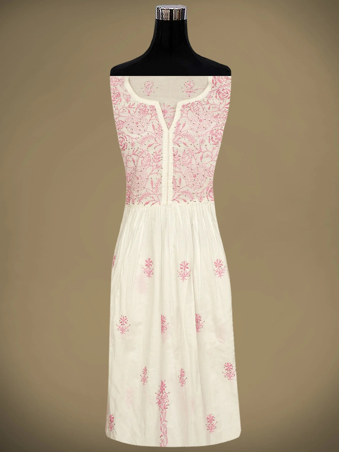 Ada Hand Embroidered White Cotton Lucknowi Chikankari Semi-Stitched A-line Kurta Dupatta Set With Muqaish Work 01A784529