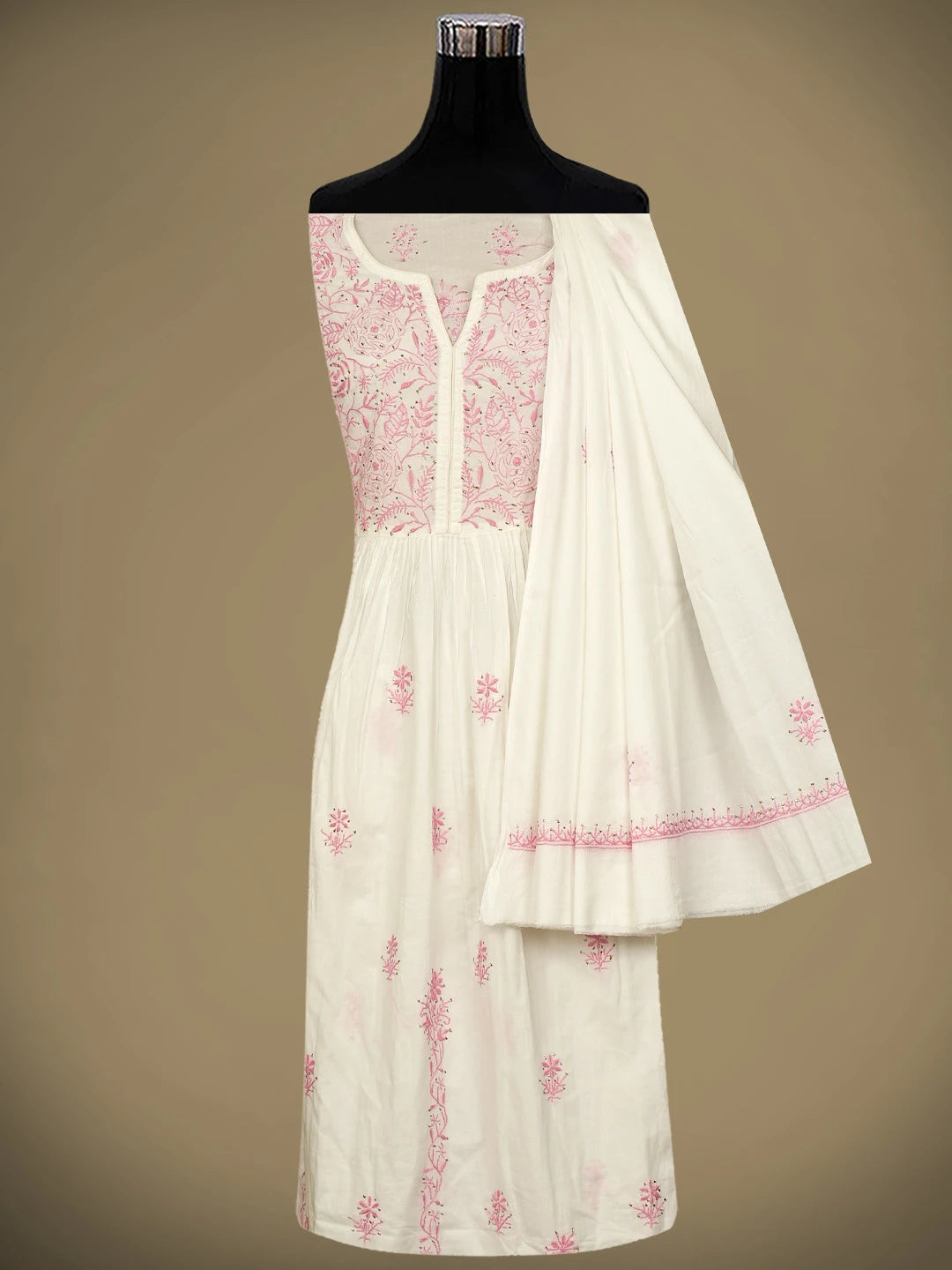 Ada Hand Embroidered White Cotton Lucknowi Chikankari Semi-Stitched A-line Kurta Dupatta Set With Muqaish Work 01A784529