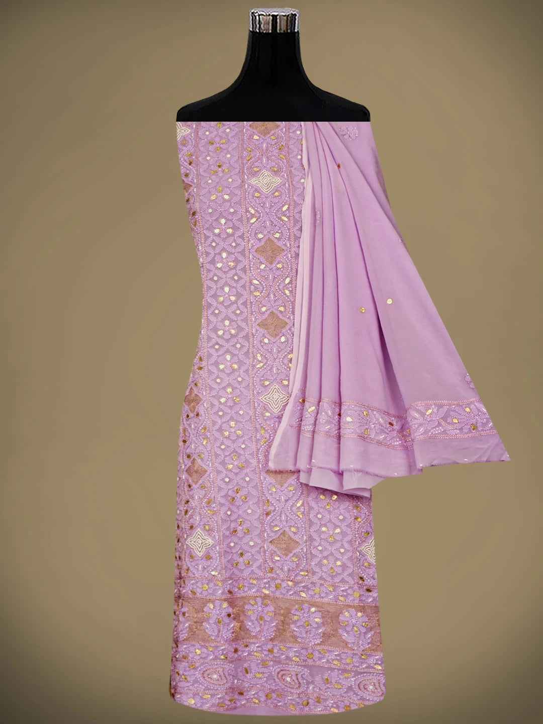 Ada Hand Embroidered Mauve Viscose Georgette Lucknowi Chikankari Unstitched Kurta Dupatta Set With Gota Patti Work 01A962467