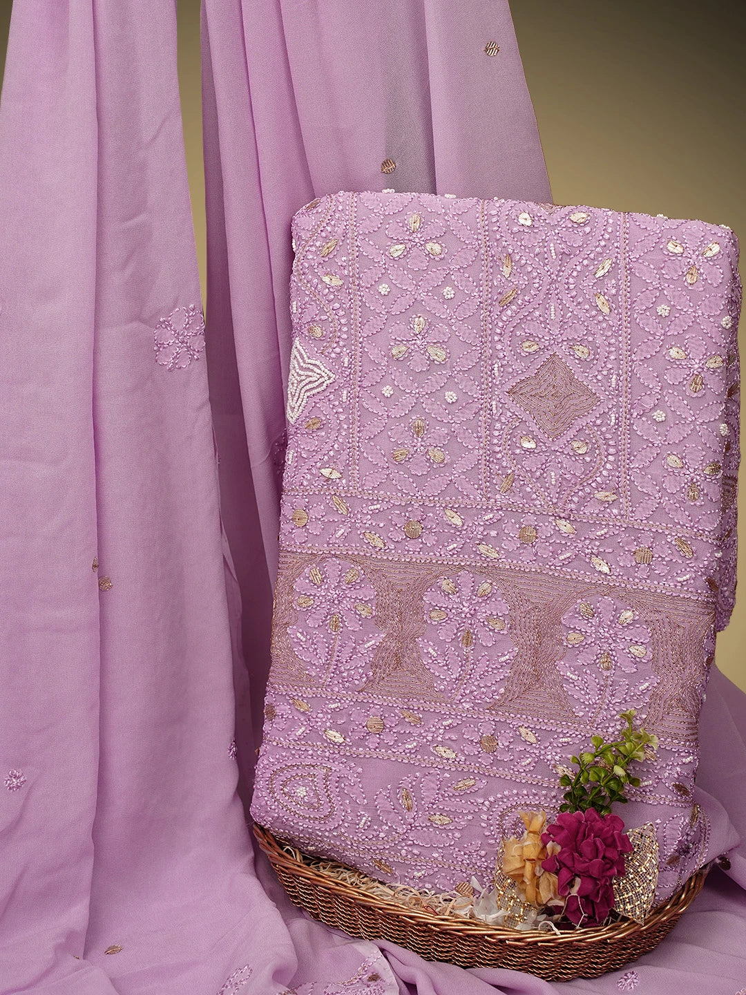 Ada Hand Embroidered Mauve Viscose Georgette Lucknowi Chikankari Unstitched Kurta Dupatta Set With Gota Patti Work 01A962467