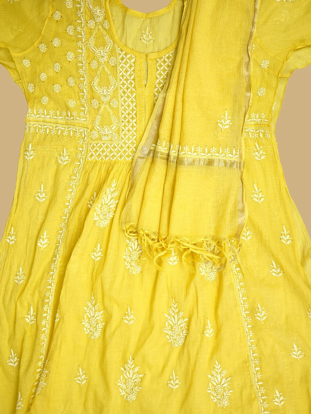 Ada Hand Embroidered Mustard Yellow Chanderi Semi-Stitched Lucknowi Chikankari A-Line Kurta Dupatta Set With Mukaish Work 01A814631
