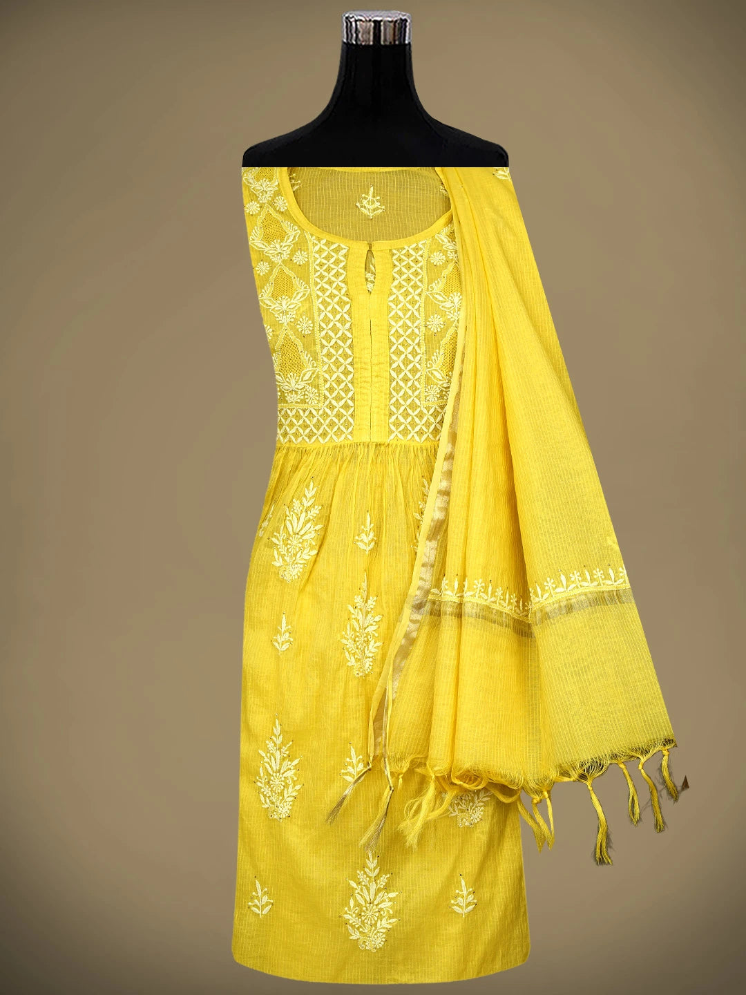 Ada Hand Embroidered Mustard Yellow Chanderi Semi-Stitched Lucknowi Chikankari A-Line Kurta Dupatta Set With Mukaish Work 01A814631