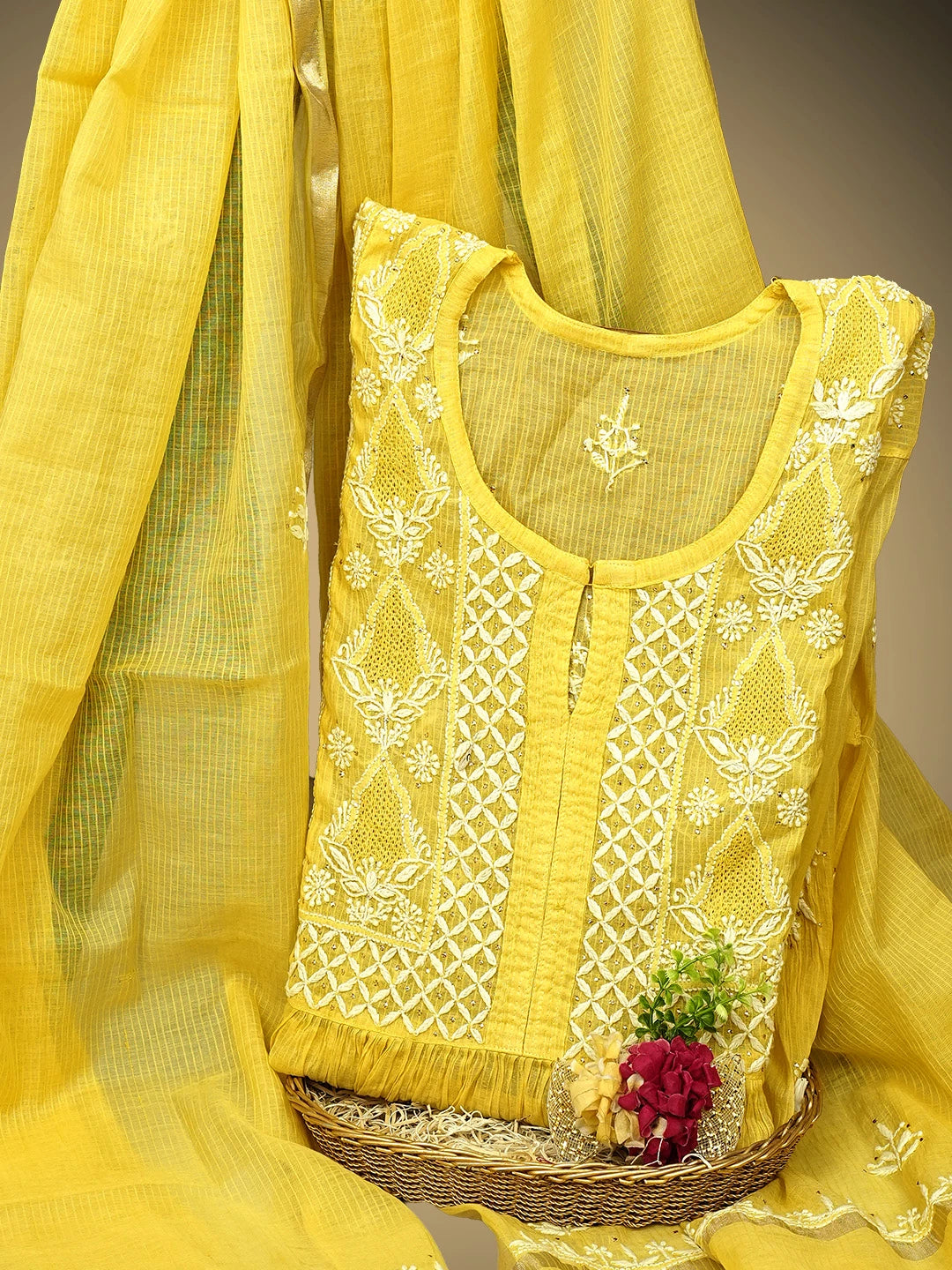 Ada Hand Embroidered Mustard Yellow Chanderi Semi-Stitched Lucknowi Chikankari A-Line Kurta Dupatta Set With Mukaish Work 01A814631
