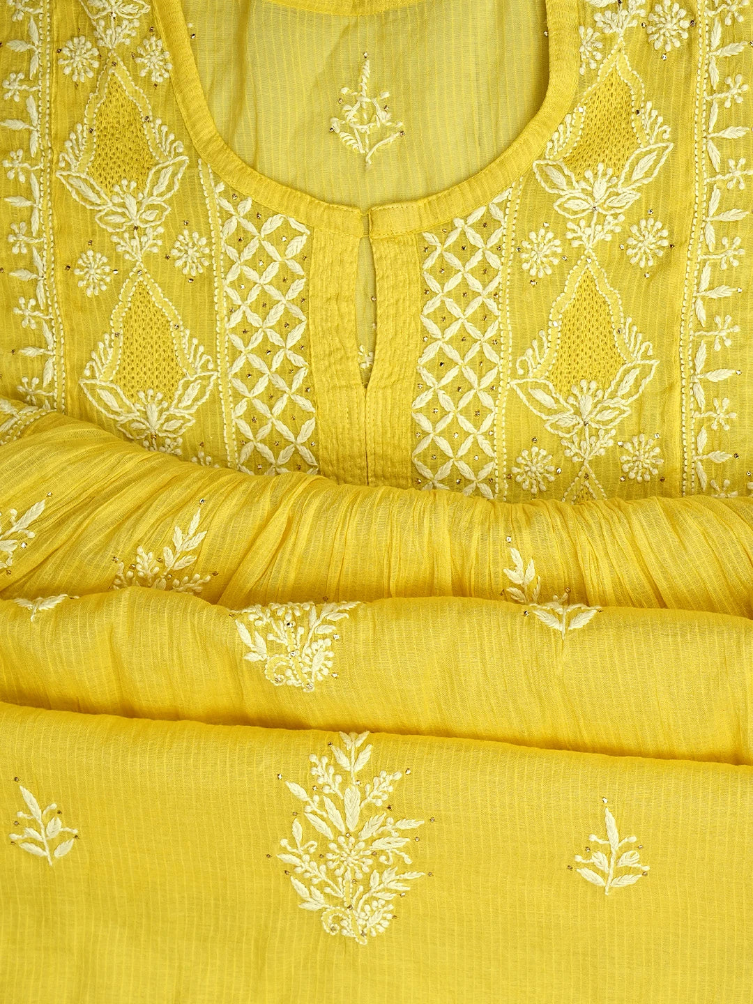 Ada Hand Embroidered Mustard Yellow Chanderi Semi-Stitched Lucknowi Chikankari A-Line Kurta Dupatta Set With Mukaish Work 01A814631