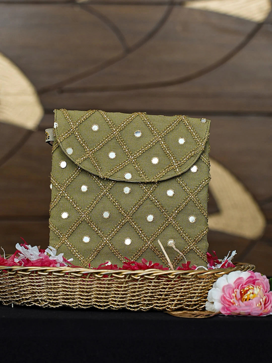 Ada Hand Embroidered Mehendi Green Viscose Georgette Lucknowi Chikankari Pouch with Cutdana Work 01A916346