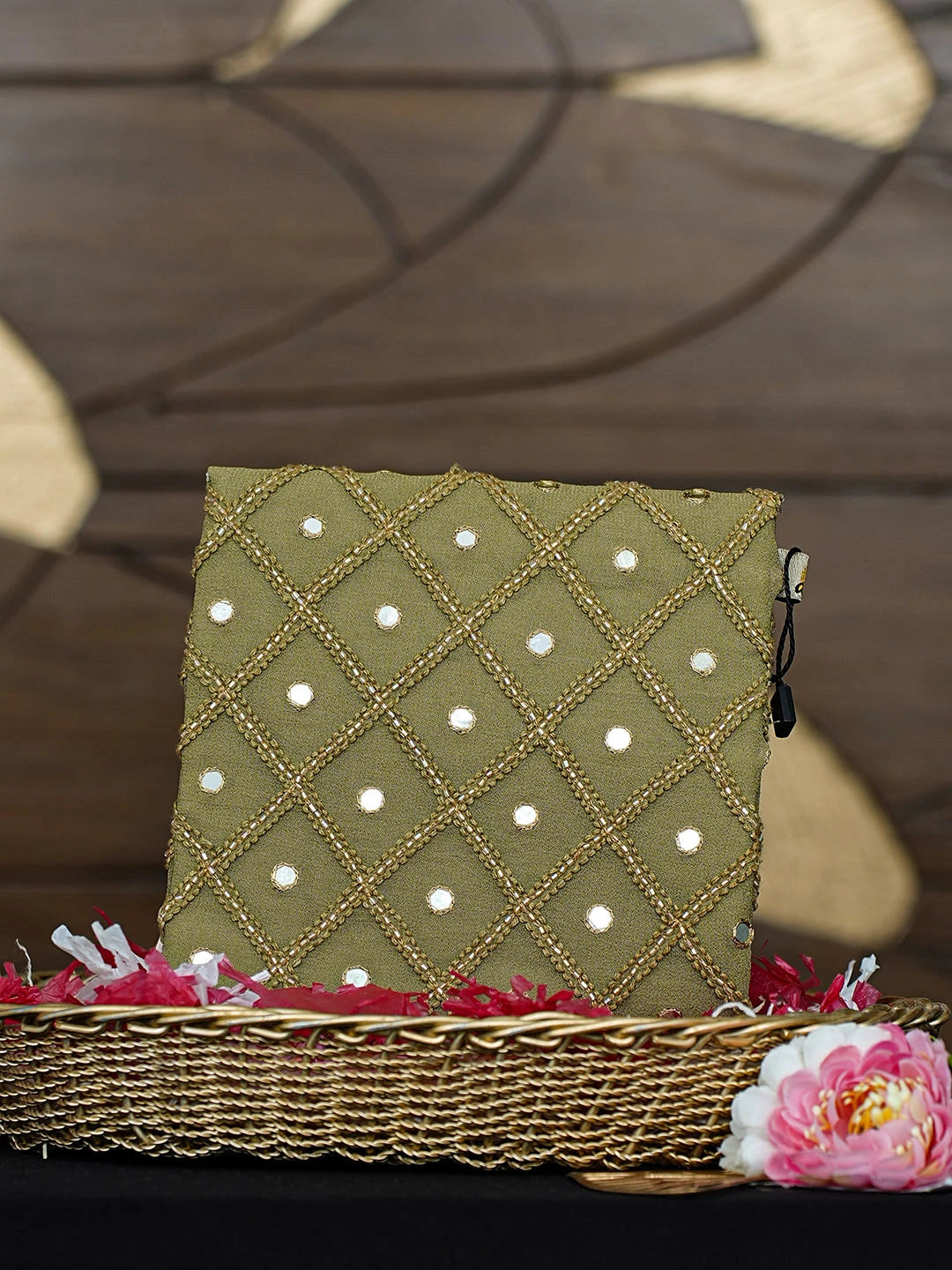 Ada Hand Embroidered Mehendi Green Viscose Georgette Lucknowi Chikankari Pouch with Cutdana Work 01A916346