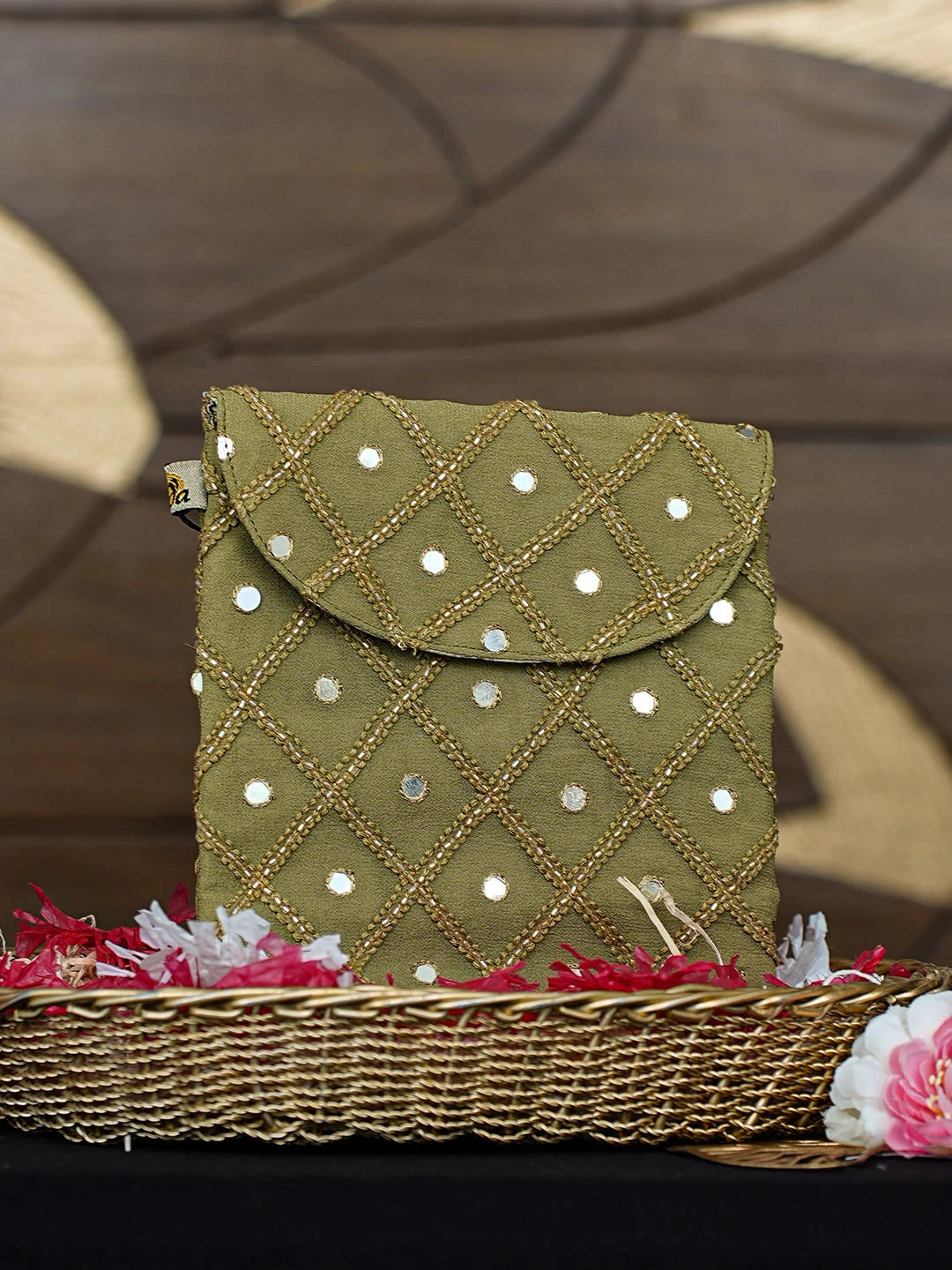 Ada Hand Embroidered Mehendi Green Viscose Georgette Lucknowi Chikankari Pouch with Cutdana Work 01A916346