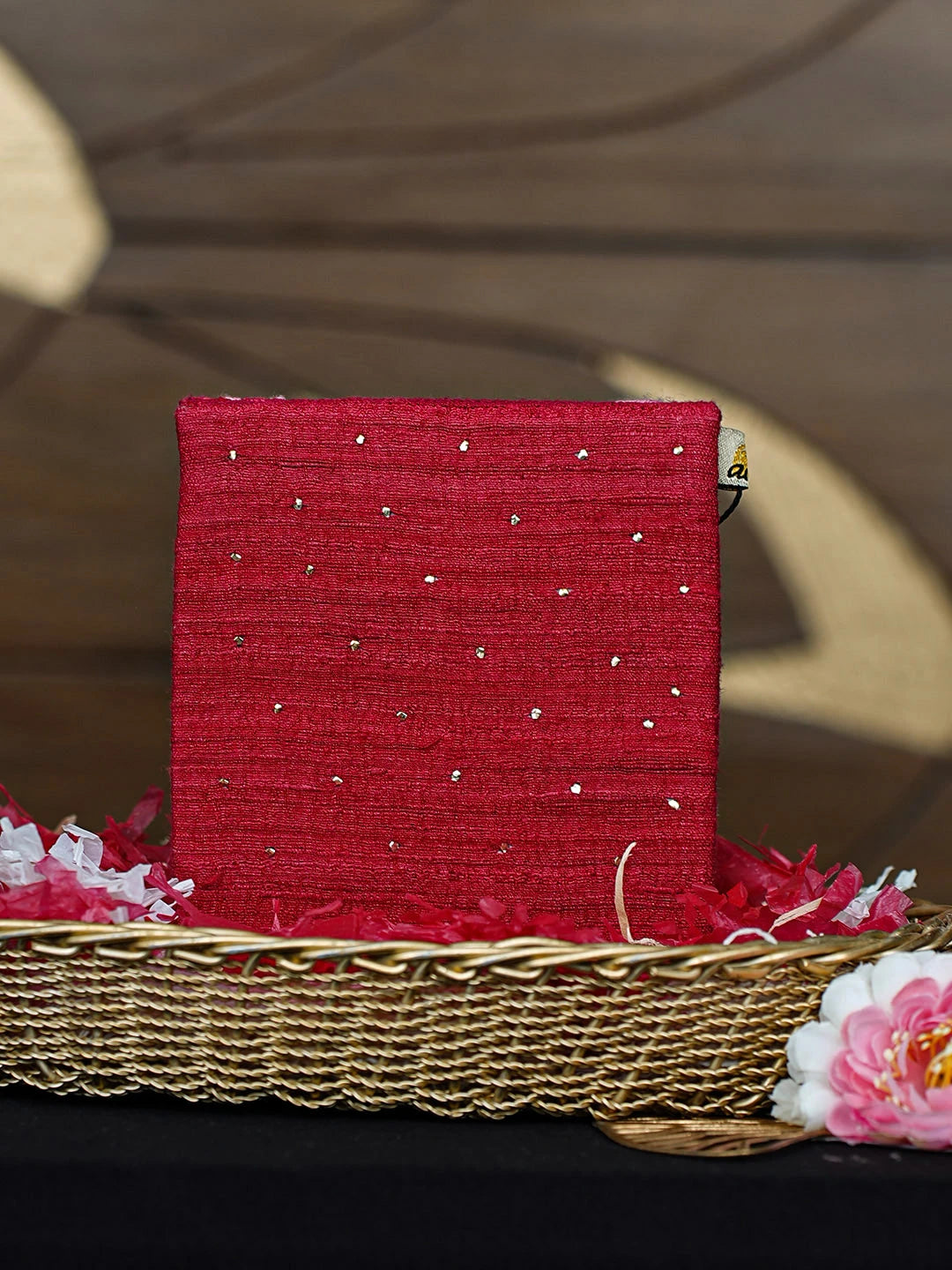 Ada Hand Embroidered Red Khadi Lucknowi Chikankari Pouch with Muqaish/Mukaish Work 01A819960