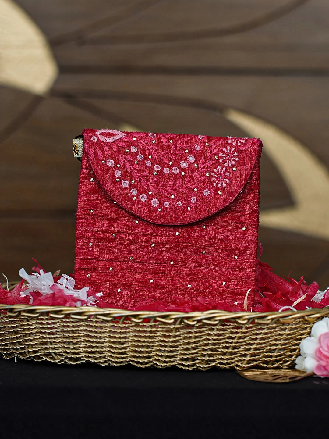 Ada Hand Embroidered Red Khadi Lucknowi Chikankari Pouch with Muqaish/Mukaish Work 01A819960