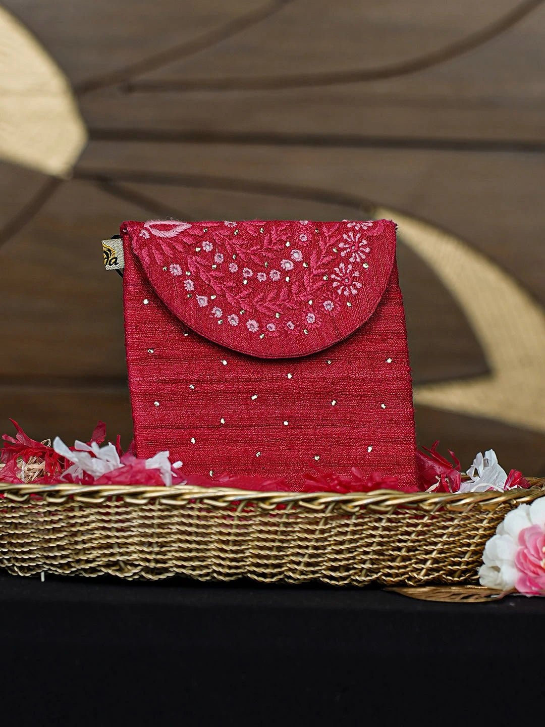 Ada Hand Embroidered Red Khadi Lucknowi Chikankari Pouch with Muqaish/Mukaish Work 01A819960