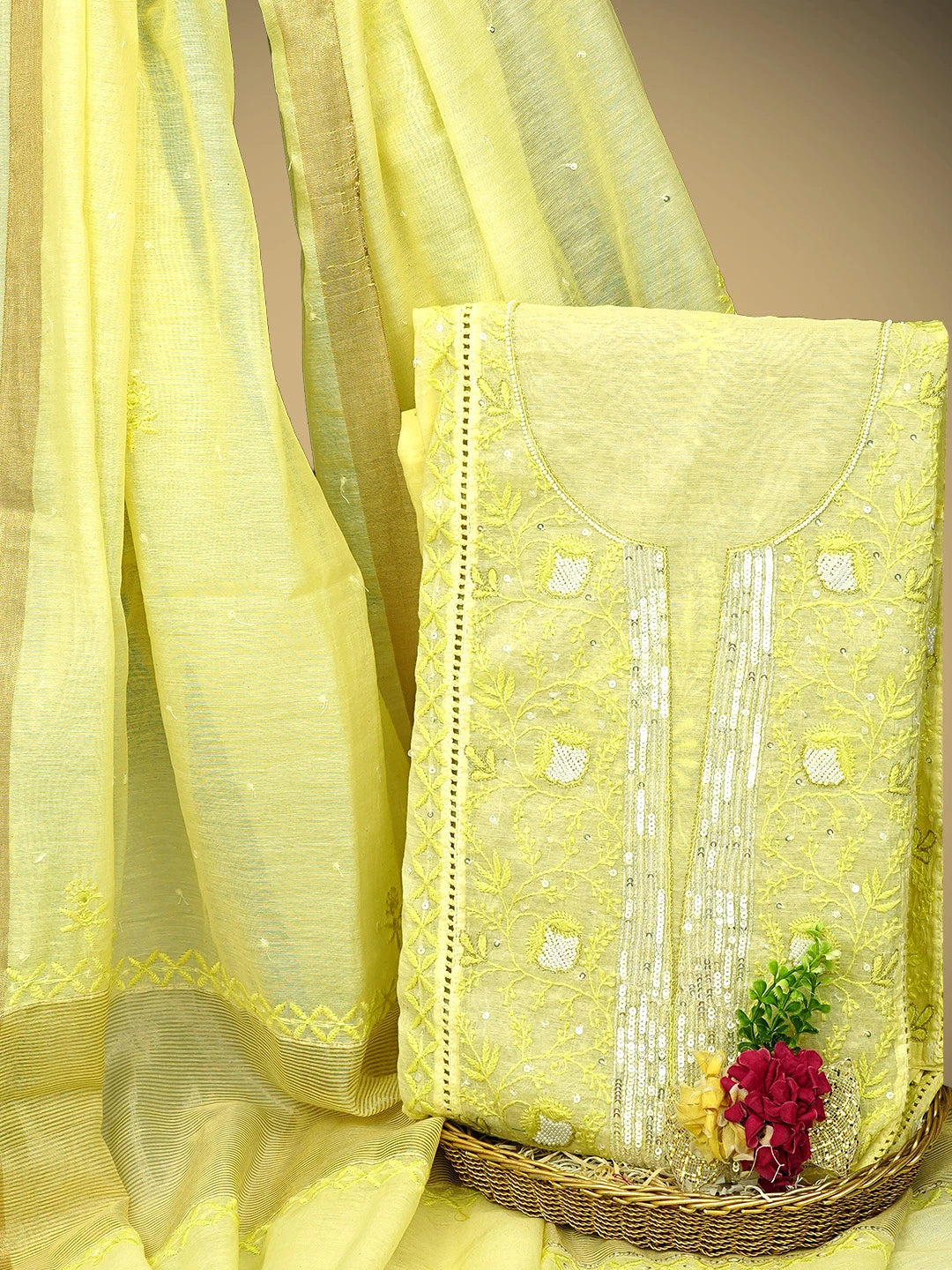 Ada Hand Embroidered Lemon Chanderi Lucknowi Chikankari Semi-Stitched Kurta Dupatta Set With Sequinned Work 01A712663