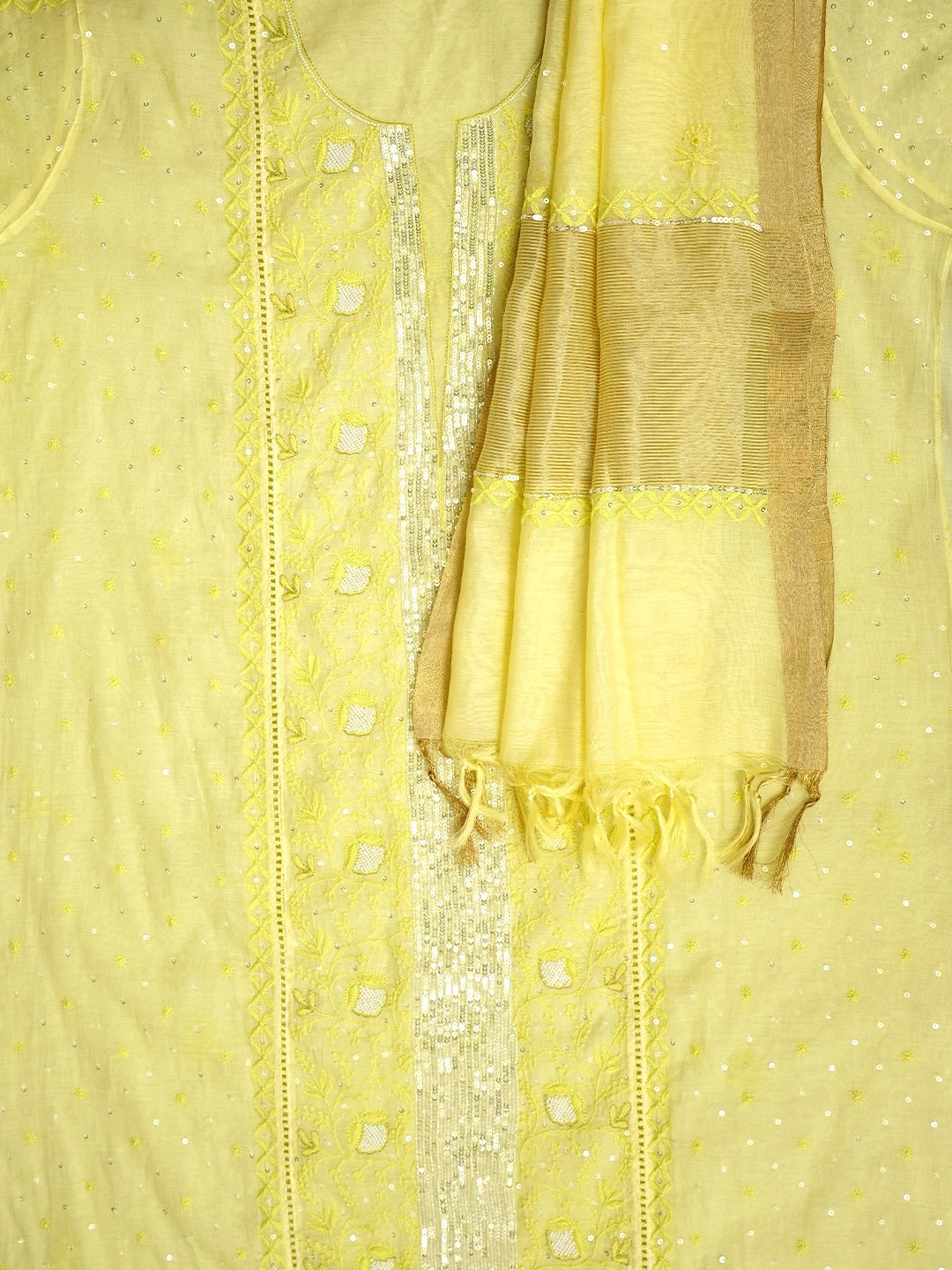 Ada Hand Embroidered Lemon Chanderi Lucknowi Chikankari Semi-Stitched Kurta Dupatta Set With Sequinned Work 01A712663