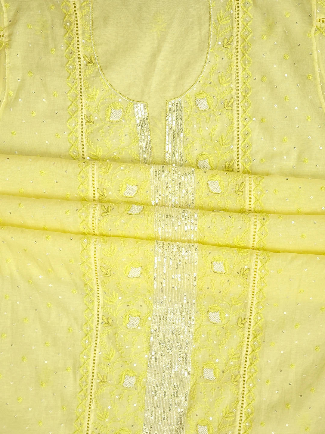 Ada Hand Embroidered Lemon Chanderi Lucknowi Chikankari Semi-Stitched Kurta Dupatta Set With Sequinned Work 01A712663