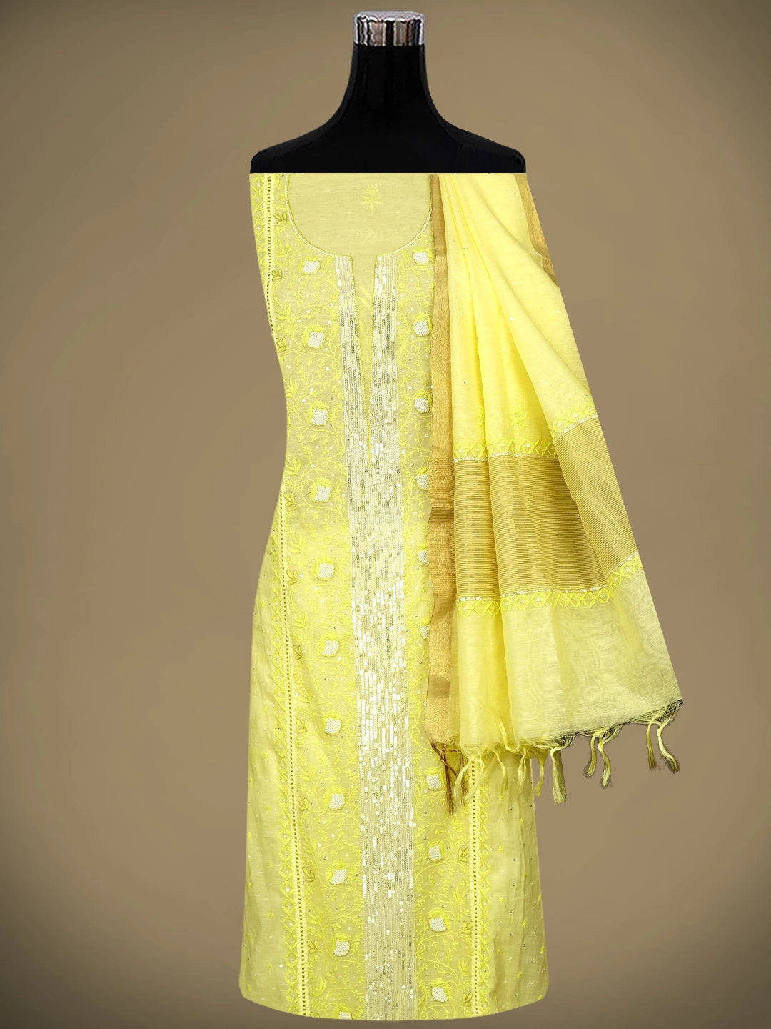 Ada Hand Embroidered Lemon Chanderi Lucknowi Chikankari Semi-Stitched Kurta Dupatta Set With Sequinned Work 01A712663