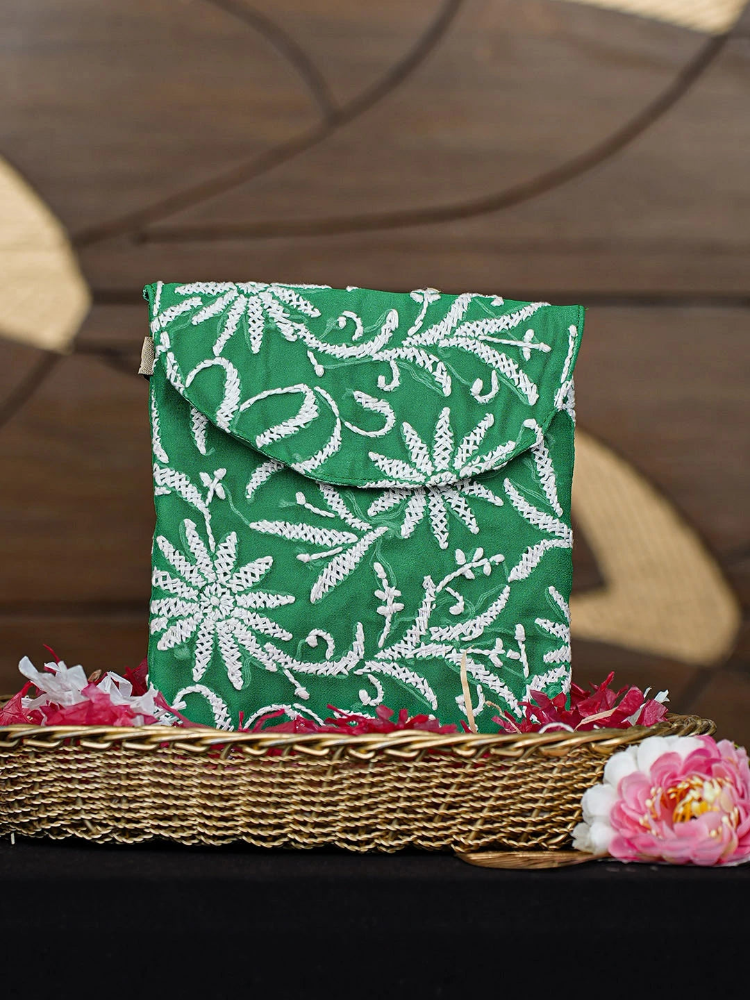 Ada Hand Embroidered Green Faux Georgette Lucknowi Chikankari Pouch 01A938464