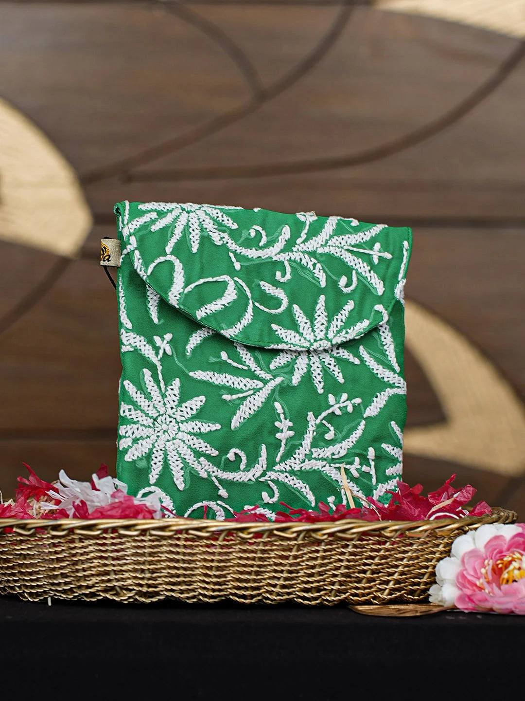 Ada Hand Embroidered Green Faux Georgette Lucknowi Chikankari Pouch 01A938464