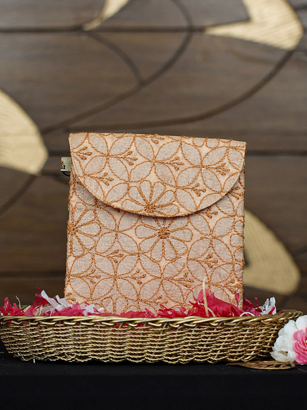 Ada Hand Embroidered Dark Topaz Orange Silk Lucknowi Chikankari Pouch 01A916355