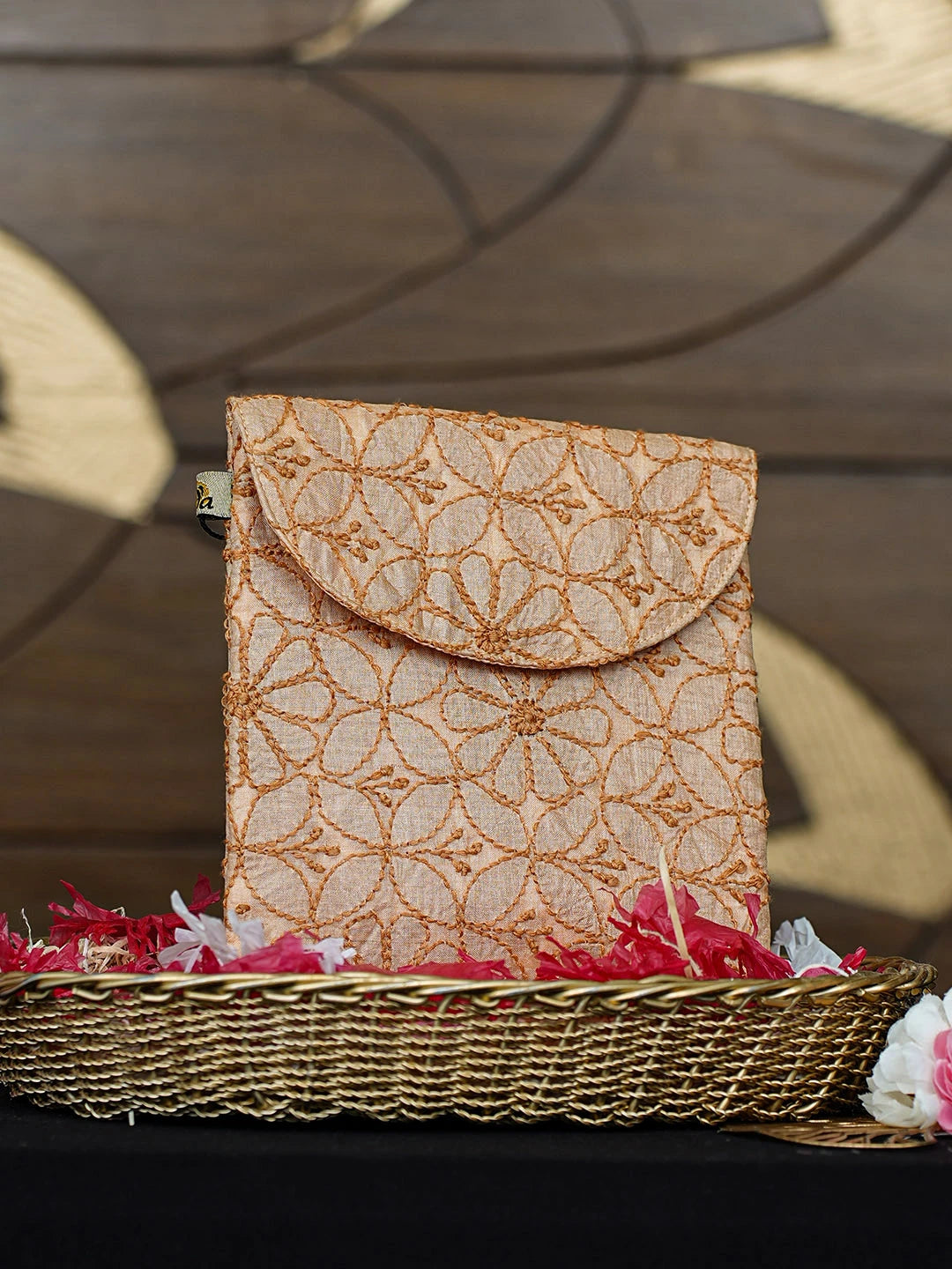 Ada Hand Embroidered Dark Topaz Orange Silk Lucknowi Chikankari Pouch 01A916355