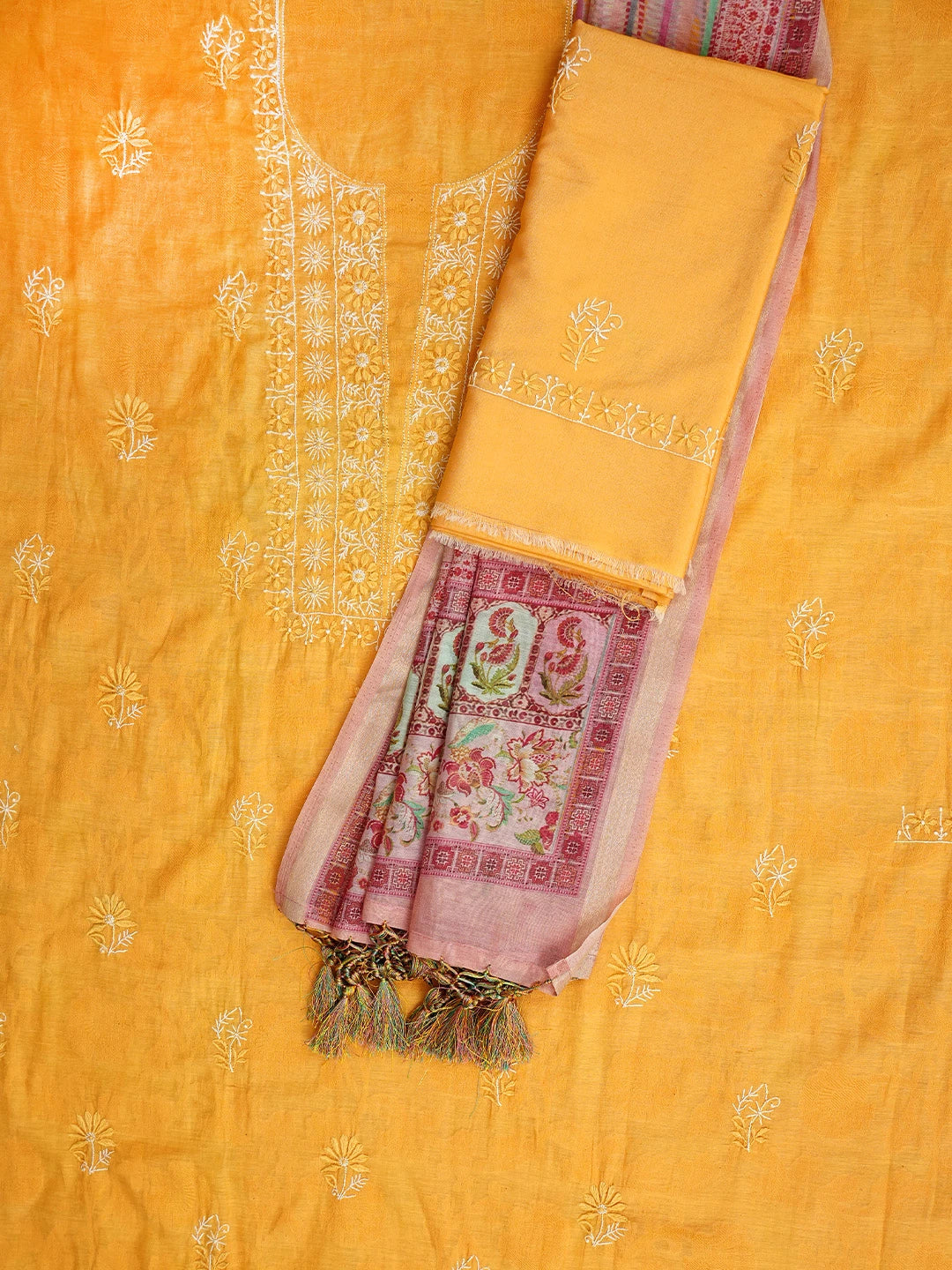 Ada Hand Embroidered Cadmium Orange Silk Lucknowi Chikankari Unstitched  Suit Piece 01A225758