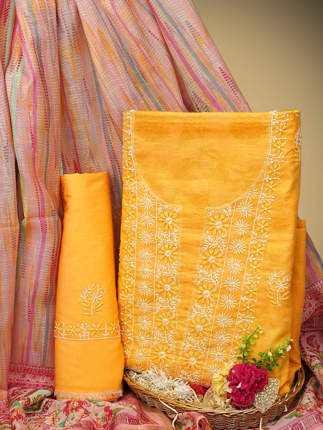 Ada Hand Embroidered Cadmium Orange Silk Lucknowi Chikankari Unstitched  Suit Piece 01A225758