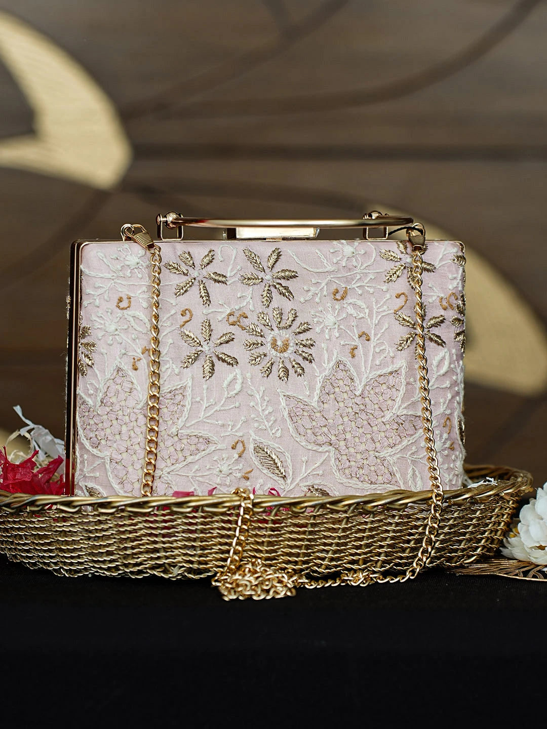 Ada Hand Embroidered Pink Silk Lucknowi Chikankari Clutch With Zari Work 01A962183