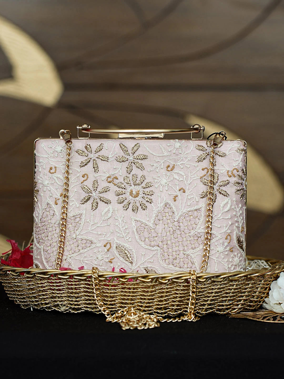 Ada Hand Embroidered Pink Silk Lucknowi Chikankari Clutch With Zari Work 01A962183