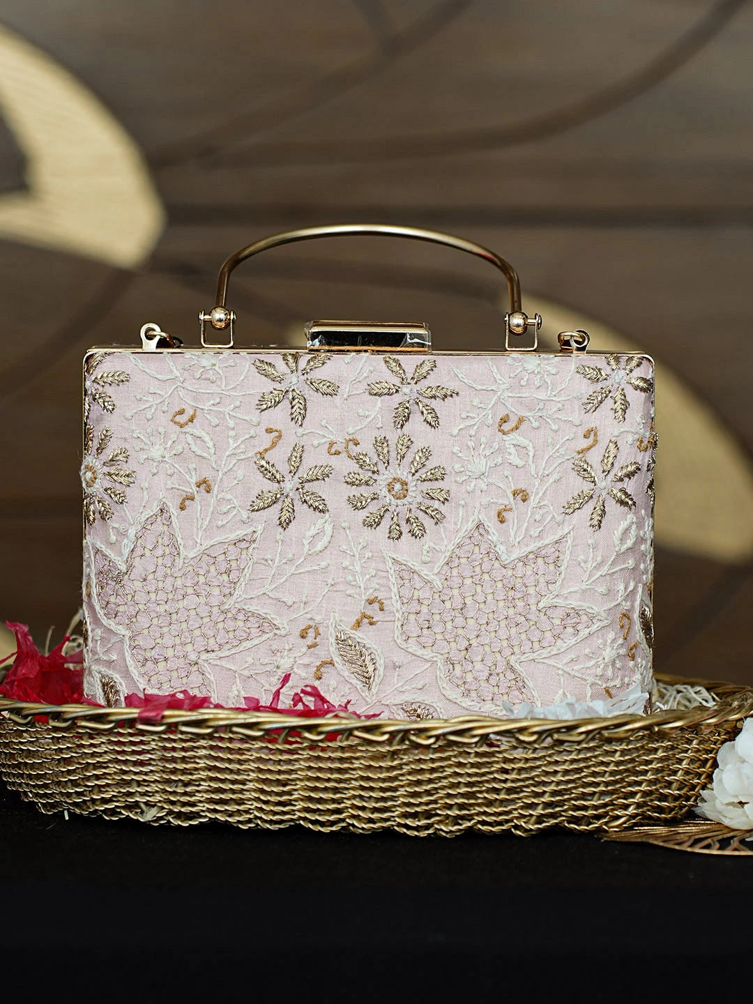 Ada Hand Embroidered Pink Silk Lucknowi Chikankari Clutch With Zari Work 01A962183