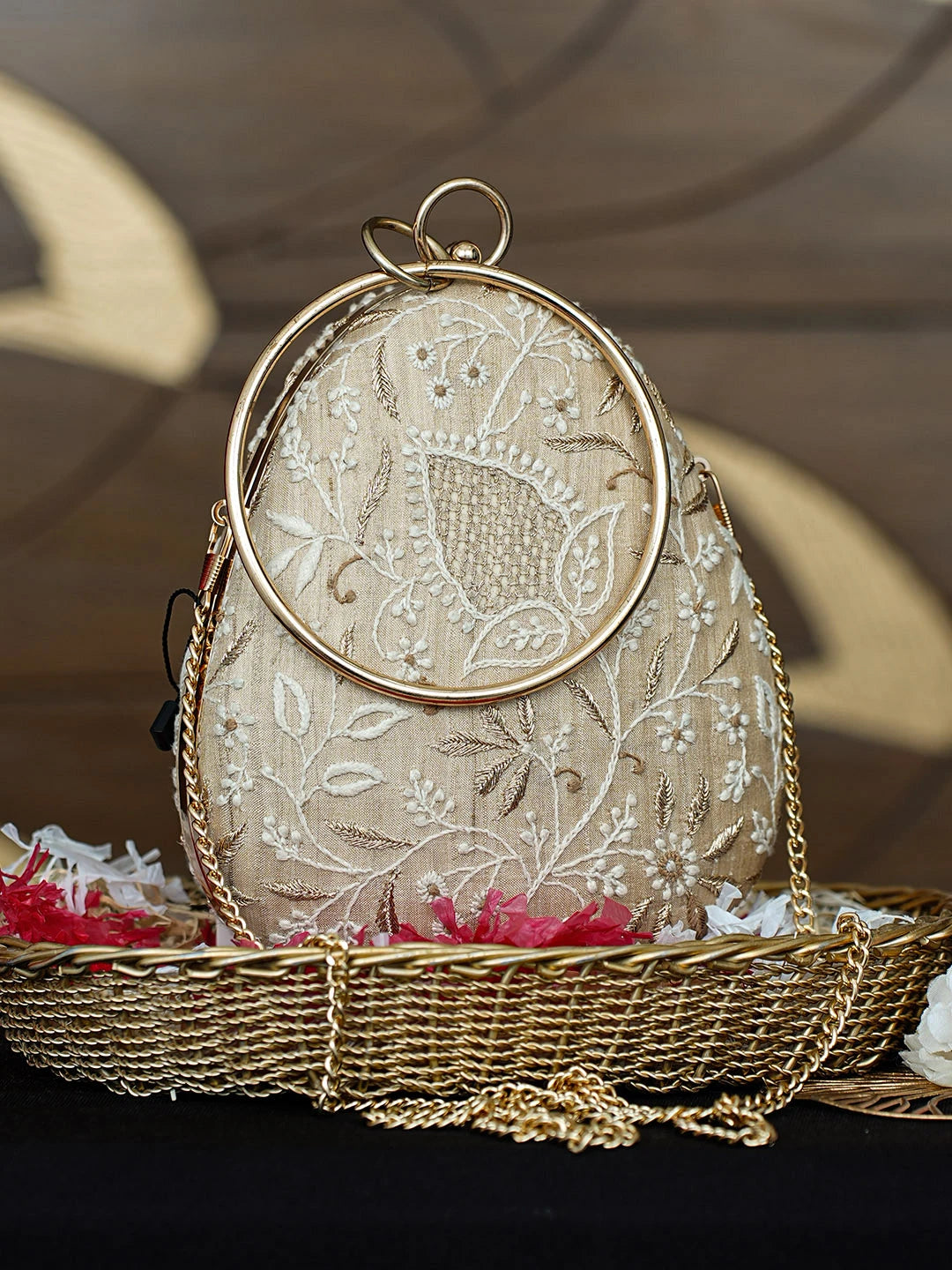 Ada Hand Embroidered Fawn Silk Lucknowi Chikankari Clutch With Zari Work 01A962167
